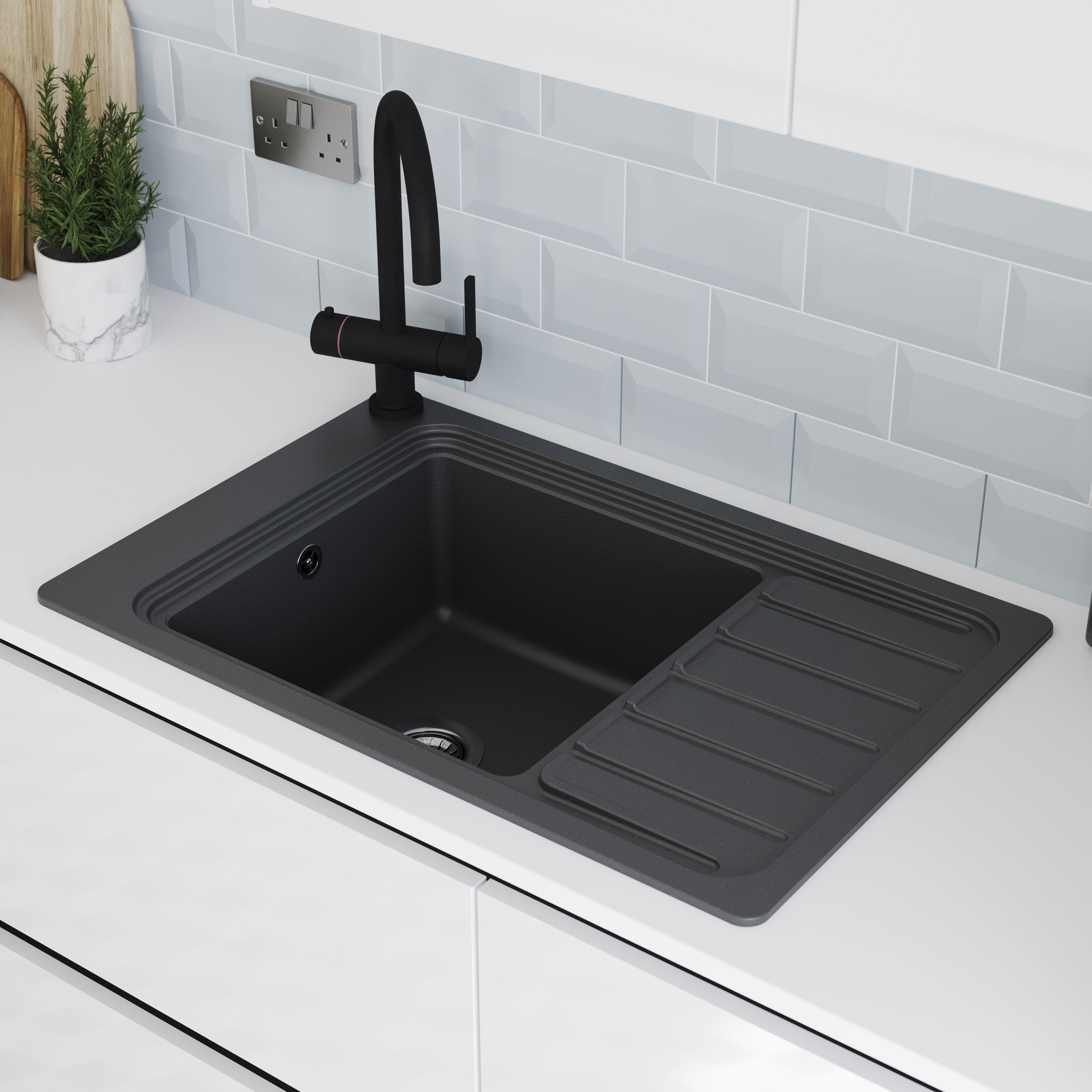 GoodHome Romesco Matt black Composite quartz 1 Bowl Sink & drainer 516mm x 773mm