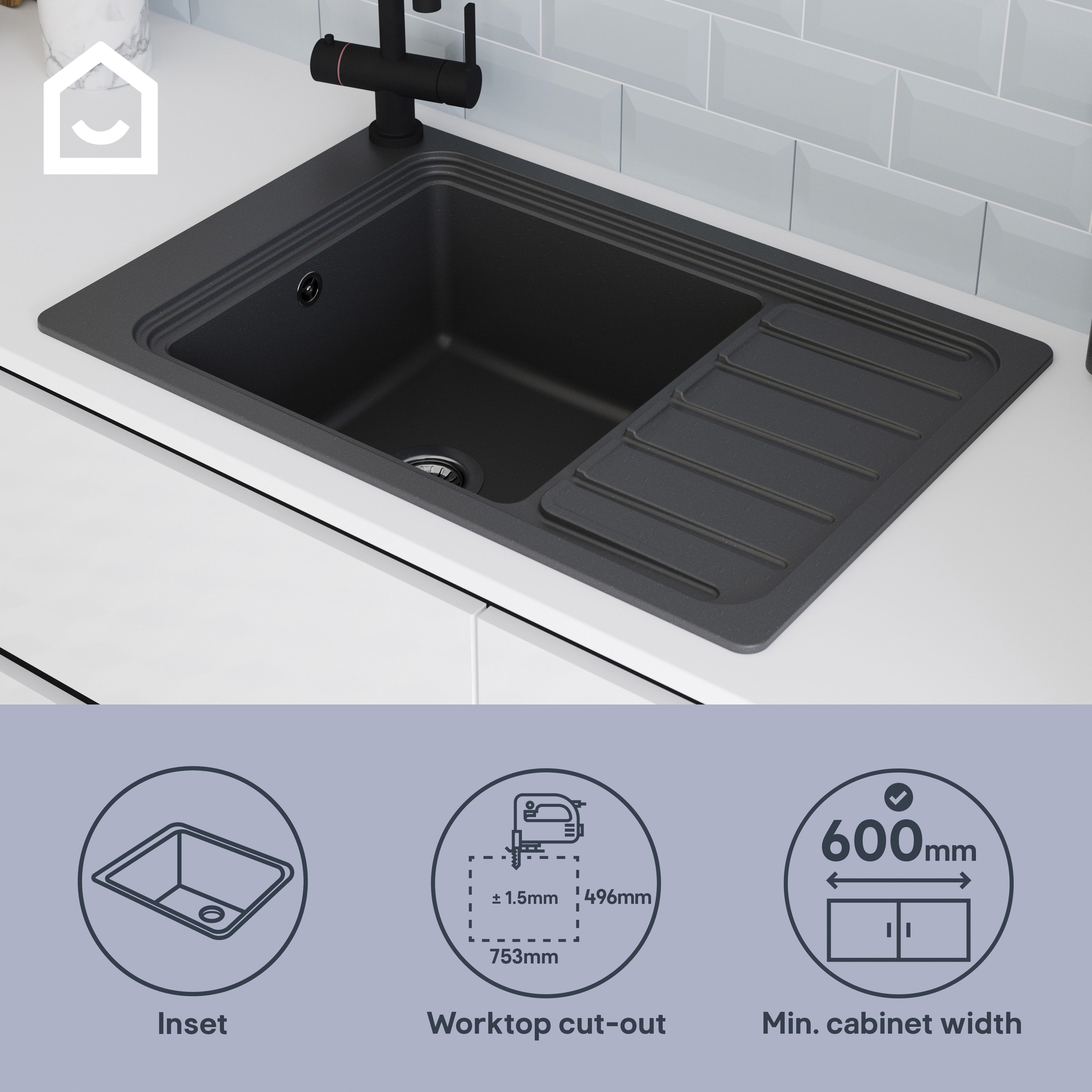 GoodHome Romesco Matt black Composite quartz 1 Bowl Sink & drainer 516mm x 773mm