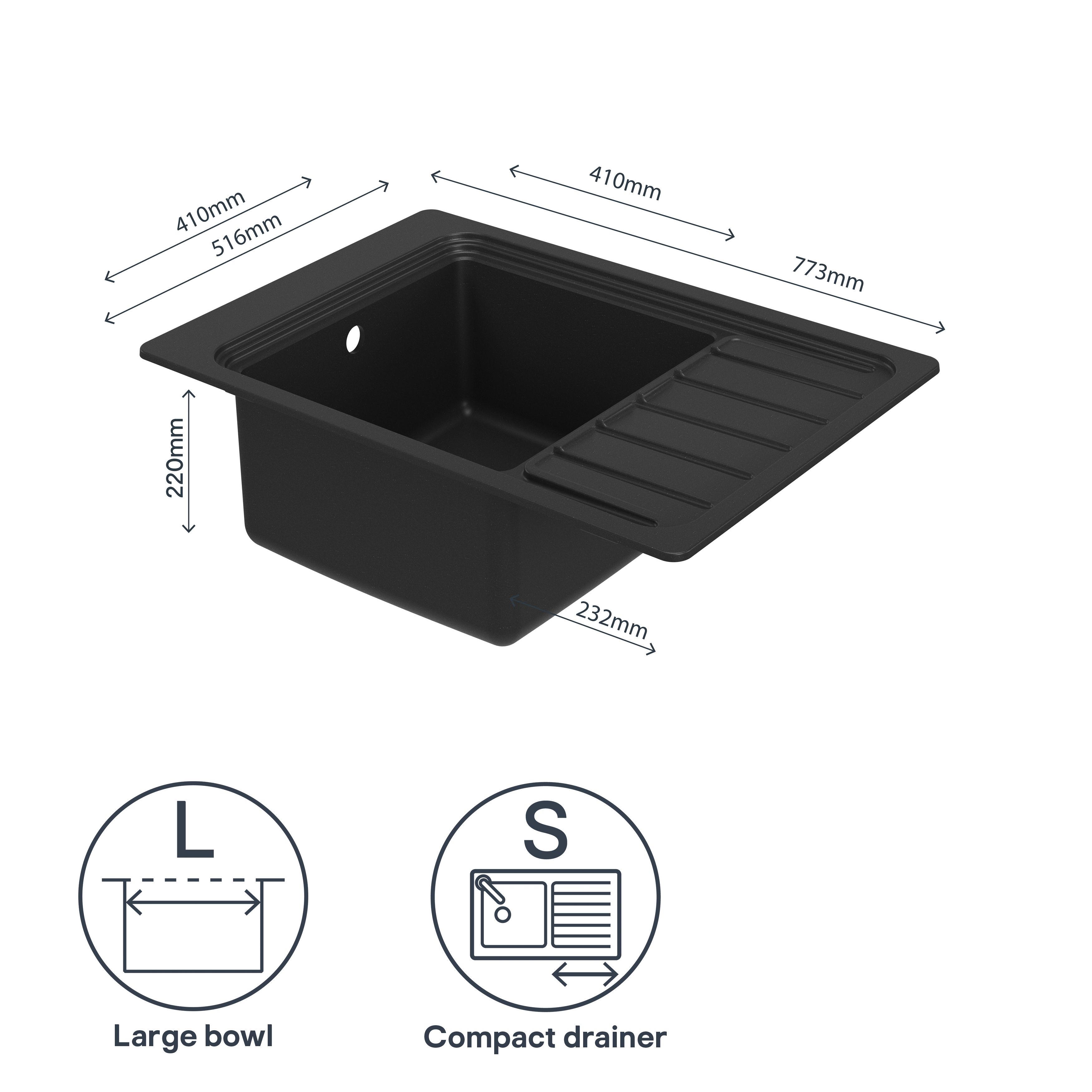 GoodHome Romesco Matt black Composite quartz 1 Bowl Sink & drainer 516mm x 773mm