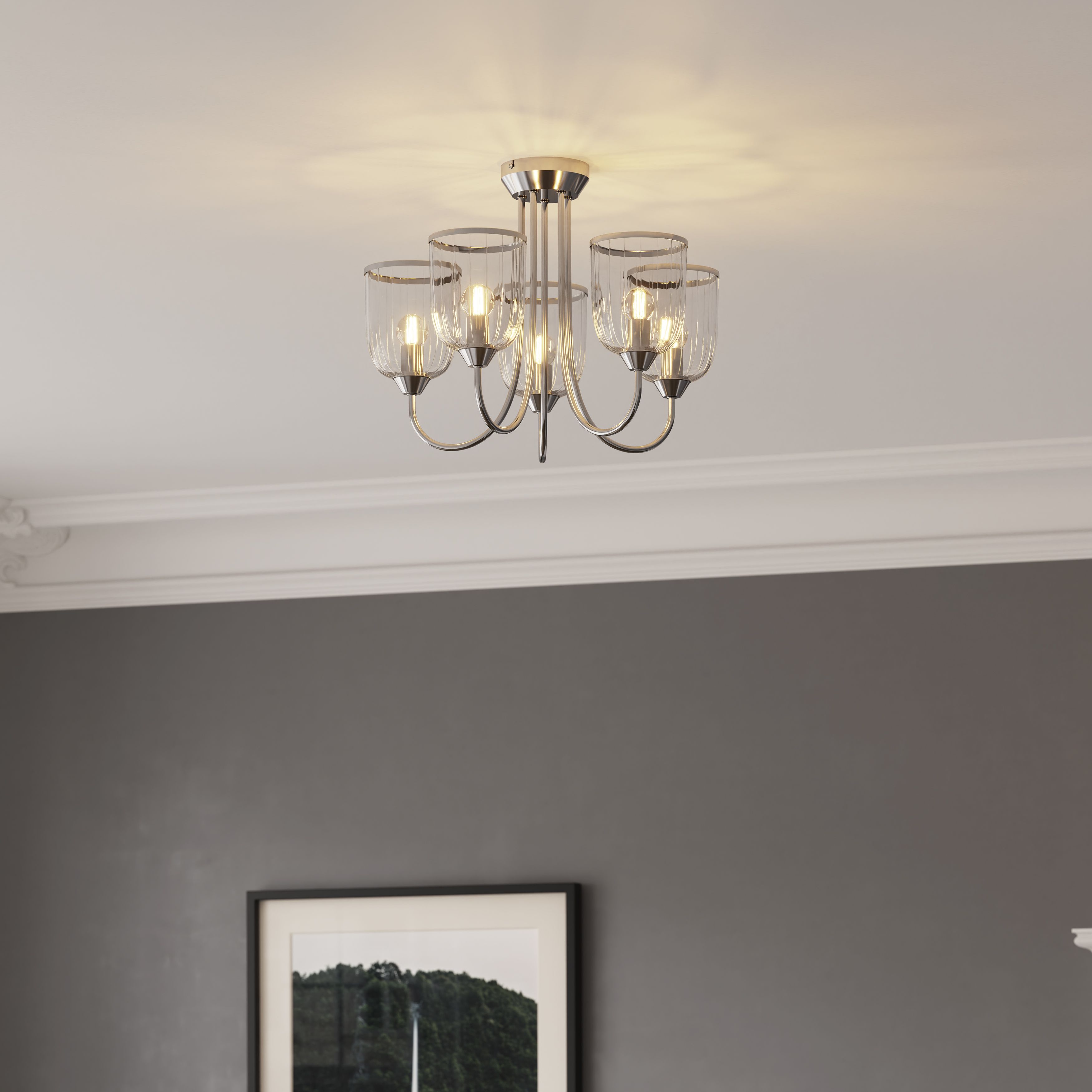 GoodHome Round Glass & metal Clear Chrome effect 5 Lamp LED Ceiling light
