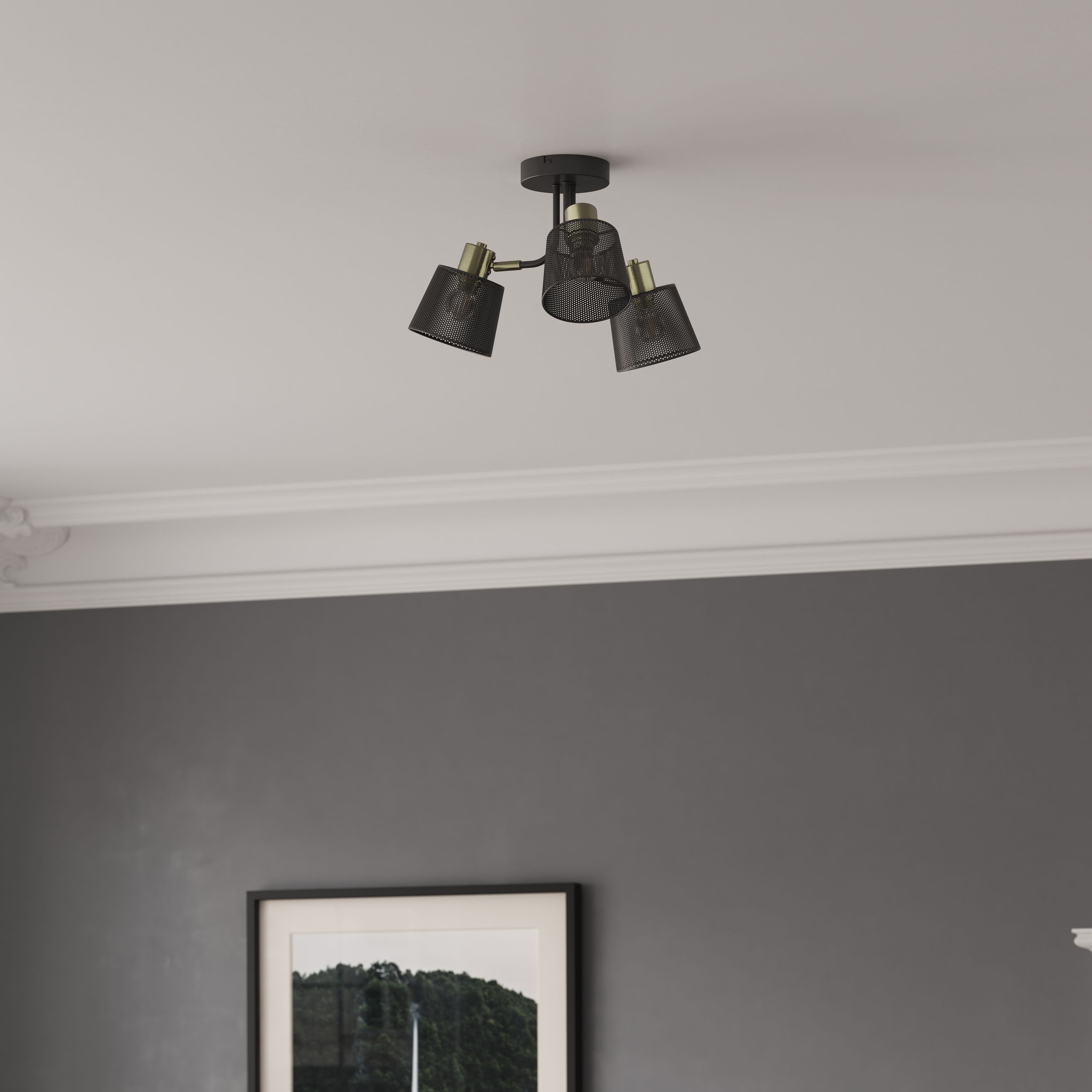 GoodHome Round Matt Metal Black Antique brass effect 3 Lamp LED Ceiling light