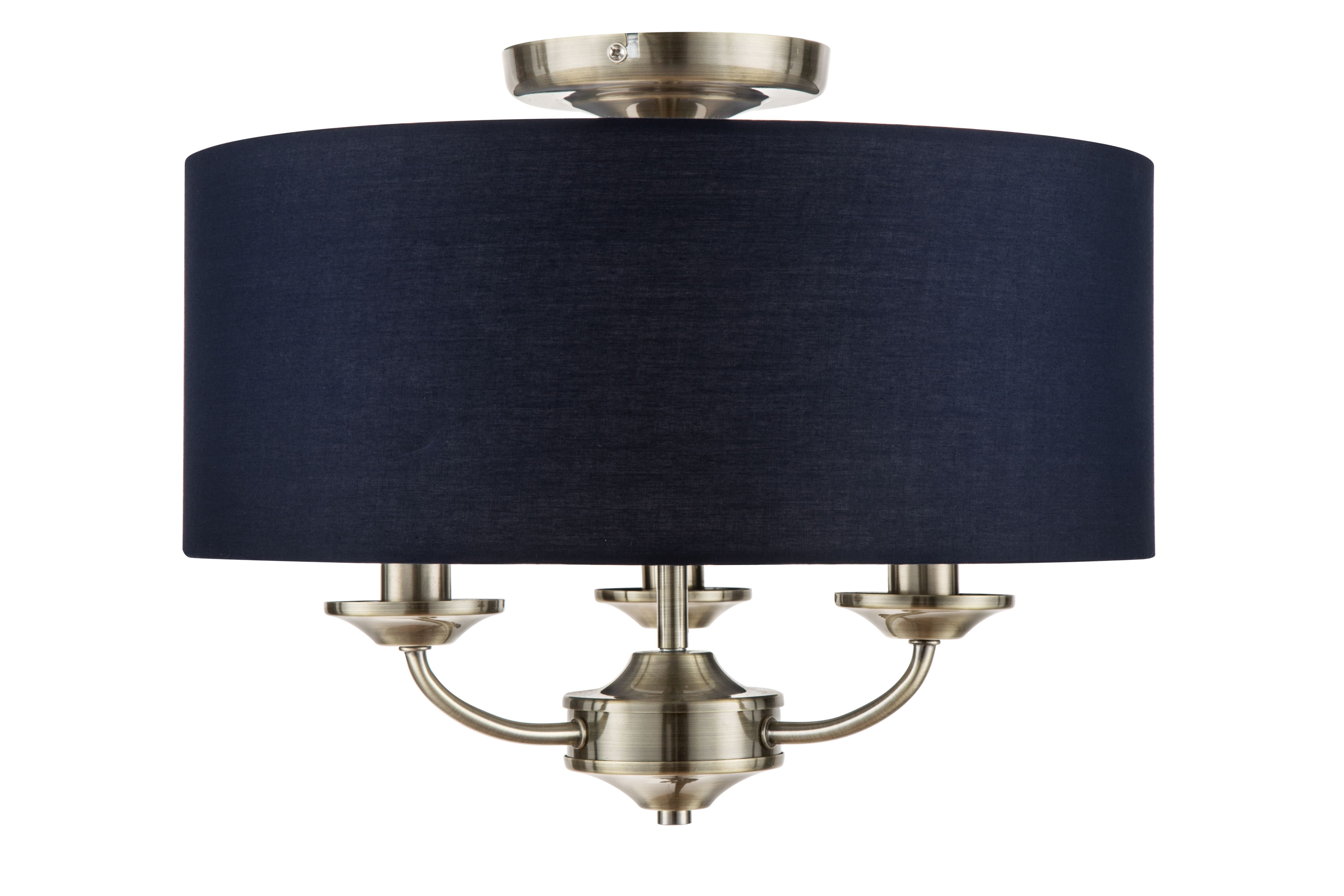 GoodHome Round Satin Fabric & metal Navy Antique brass effect 3 Lamp LED Ceiling light