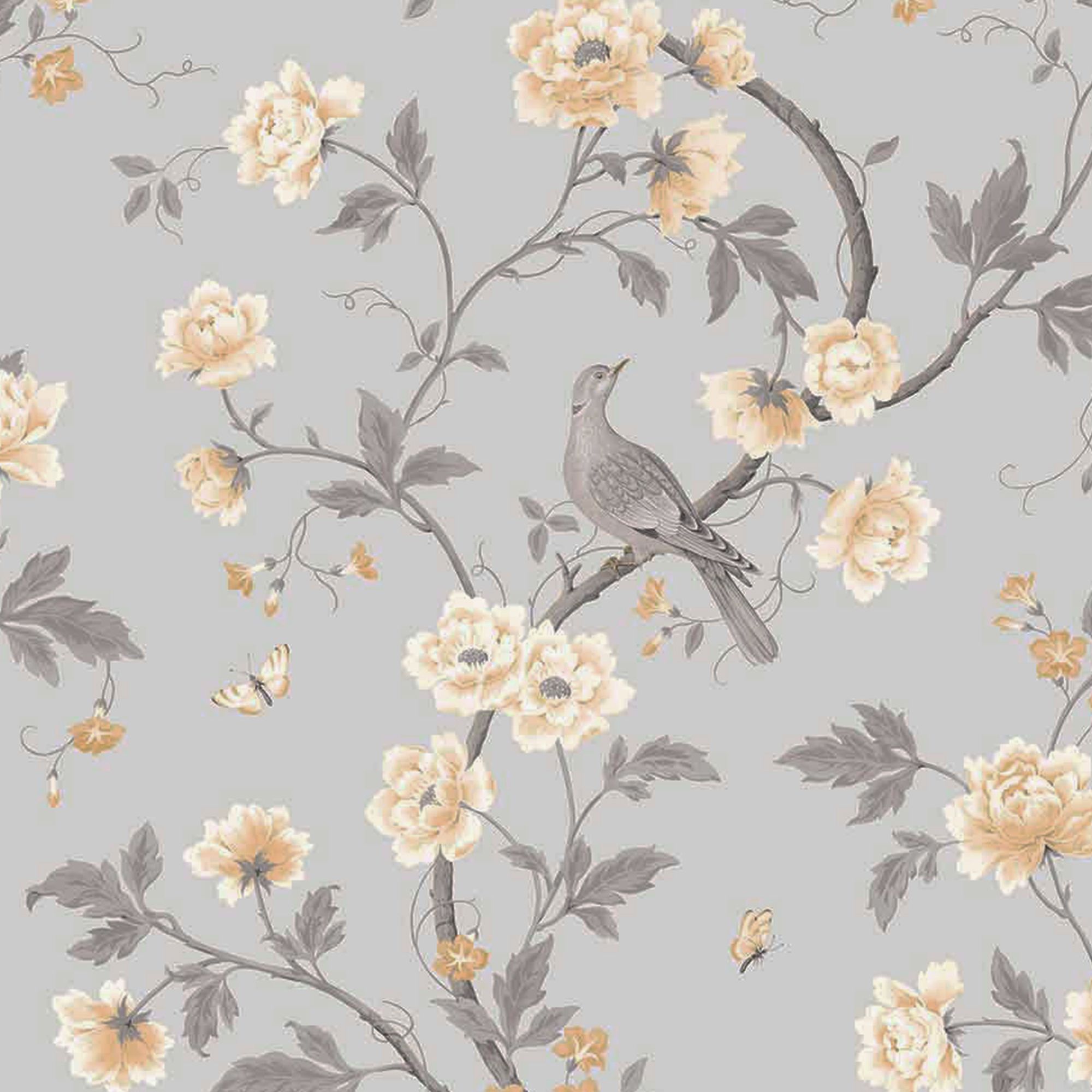 GoodHome Sandridge Grey & yellow Metallic effect Floral Smooth Wallpaper