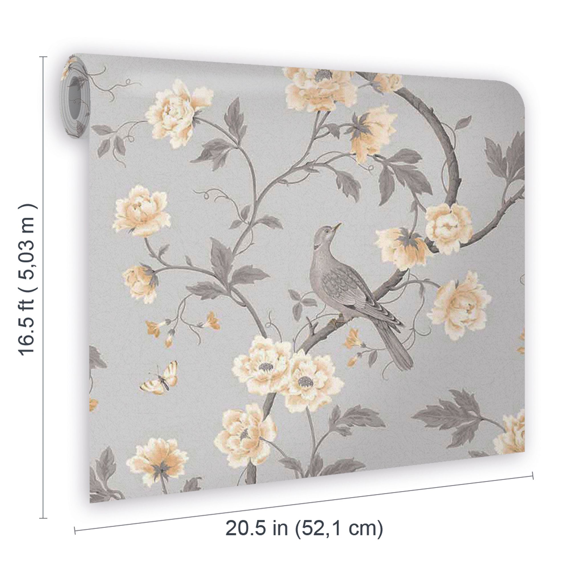 GoodHome Sandridge Grey & yellow Metallic effect Floral Smooth Wallpaper