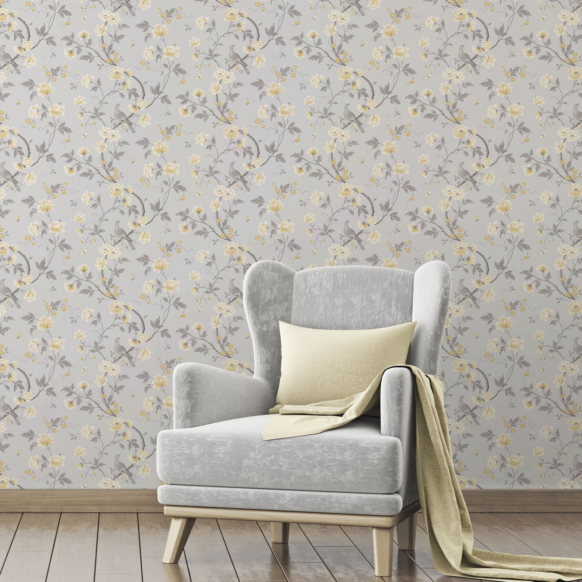 GoodHome Sandridge Grey & yellow Metallic effect Floral Smooth Wallpaper