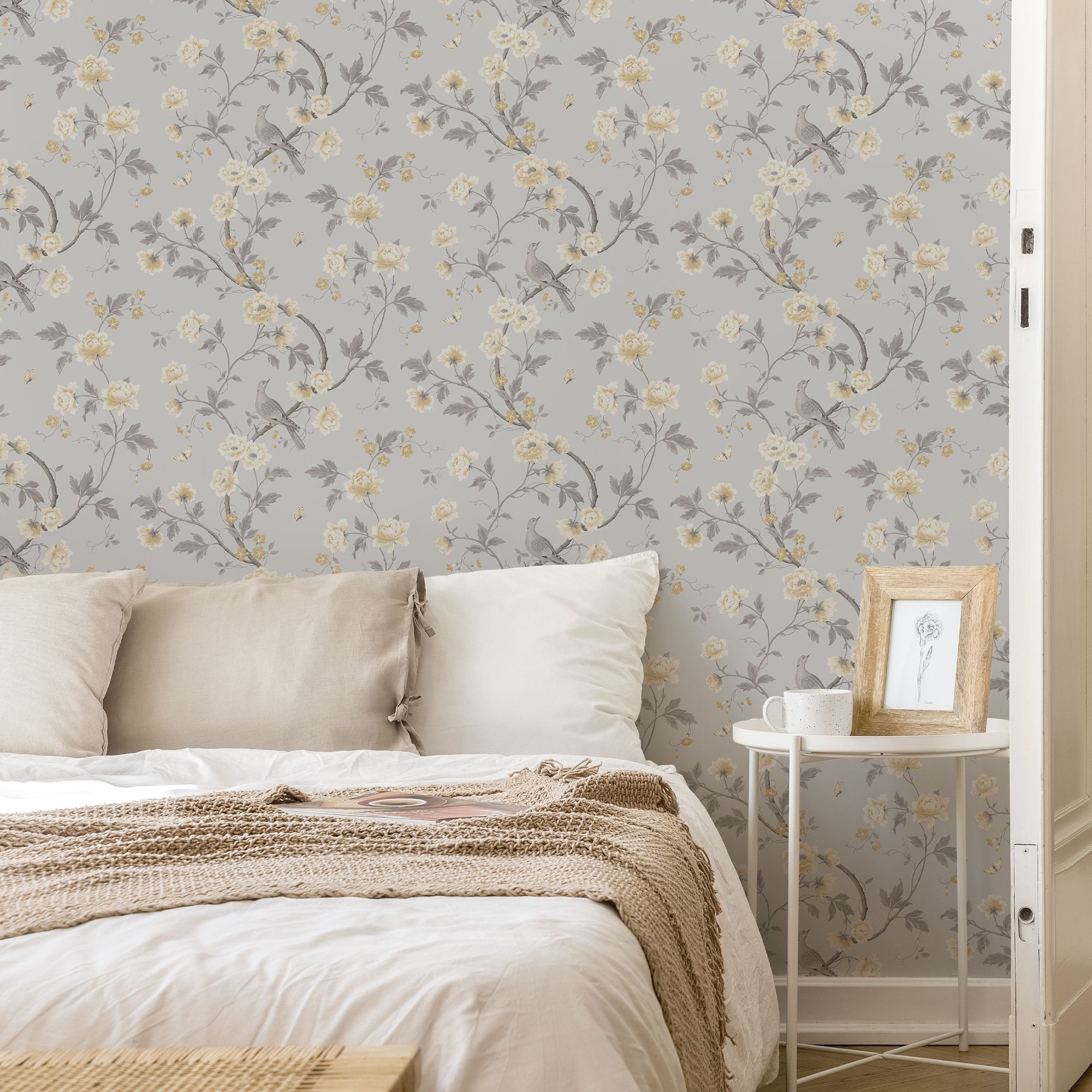 GoodHome Sandridge Grey & yellow Metallic effect Floral Smooth Wallpaper