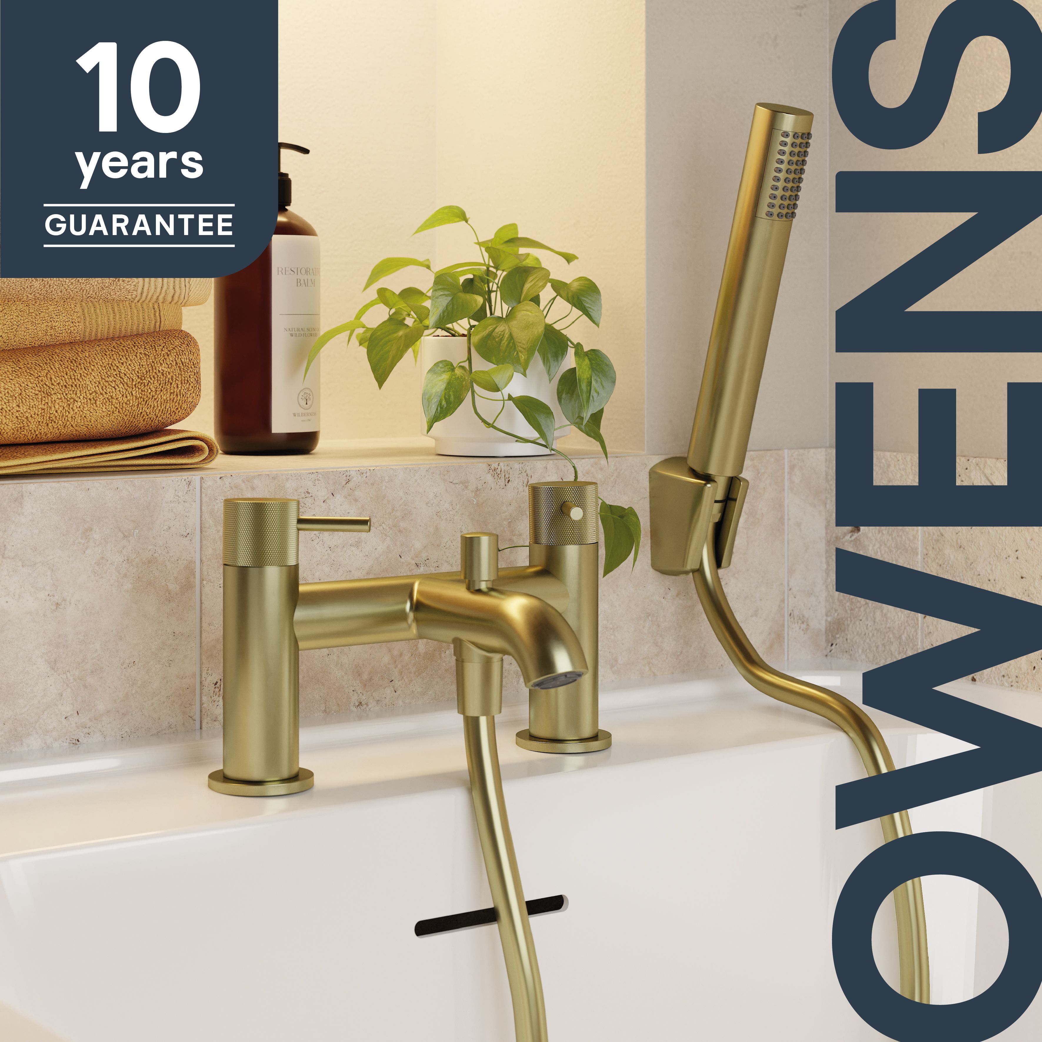 GoodHome Satin Brass effect Deck-mounted Double Bath shower mixer tap with shower kit