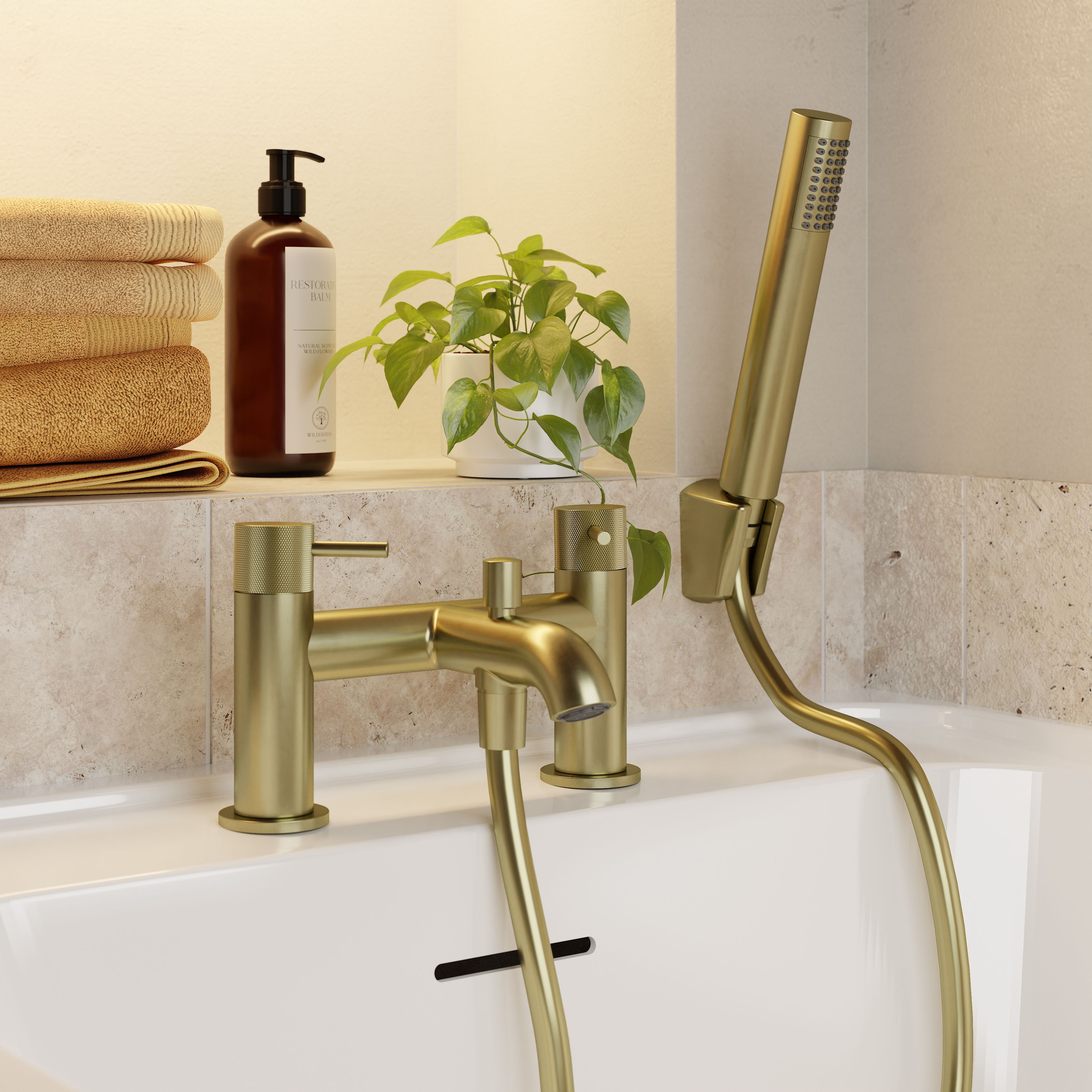 GoodHome Satin Brass effect Deck-mounted Double Bath shower mixer tap with shower kit