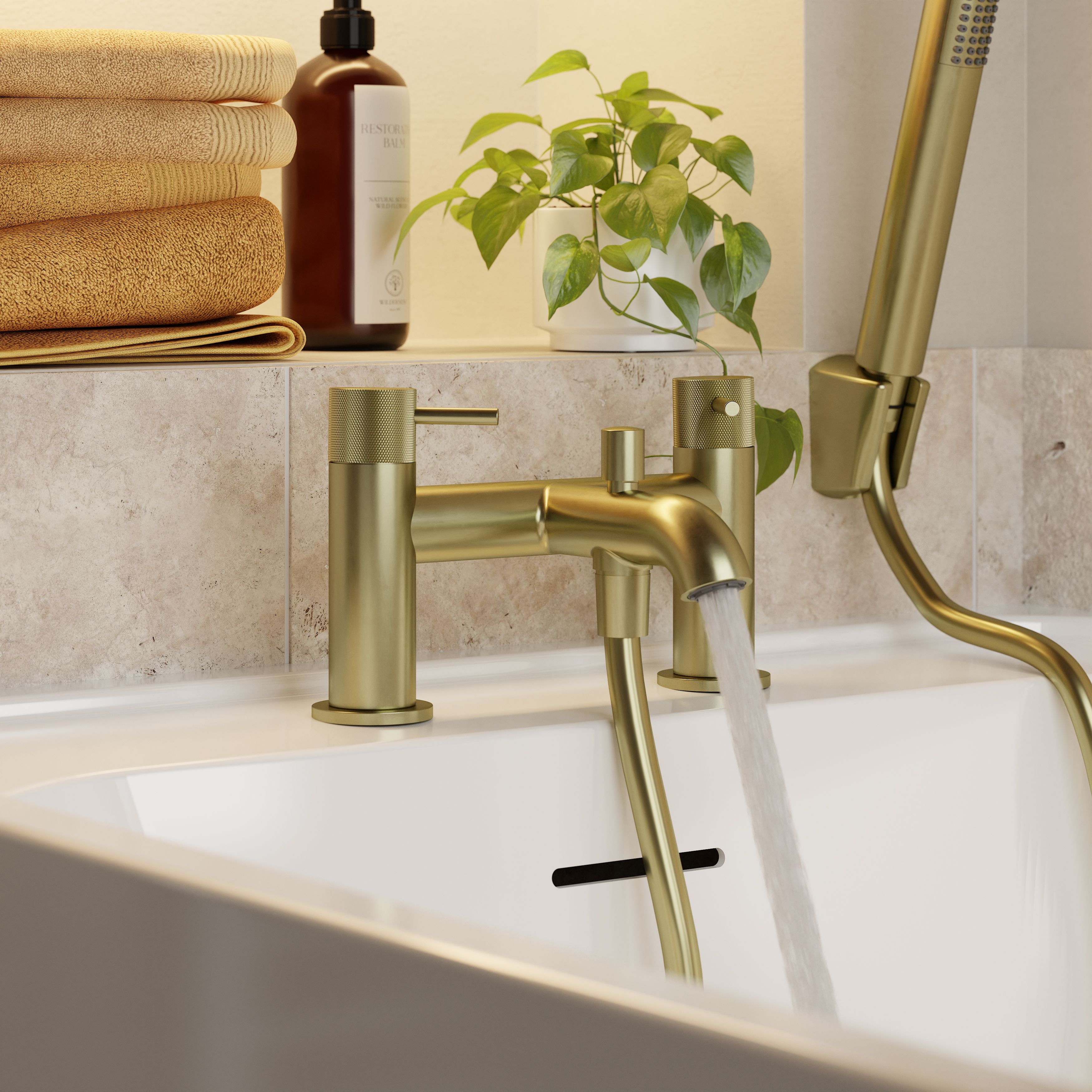 GoodHome Satin Brass effect Deck-mounted Double Bath shower mixer tap with shower kit