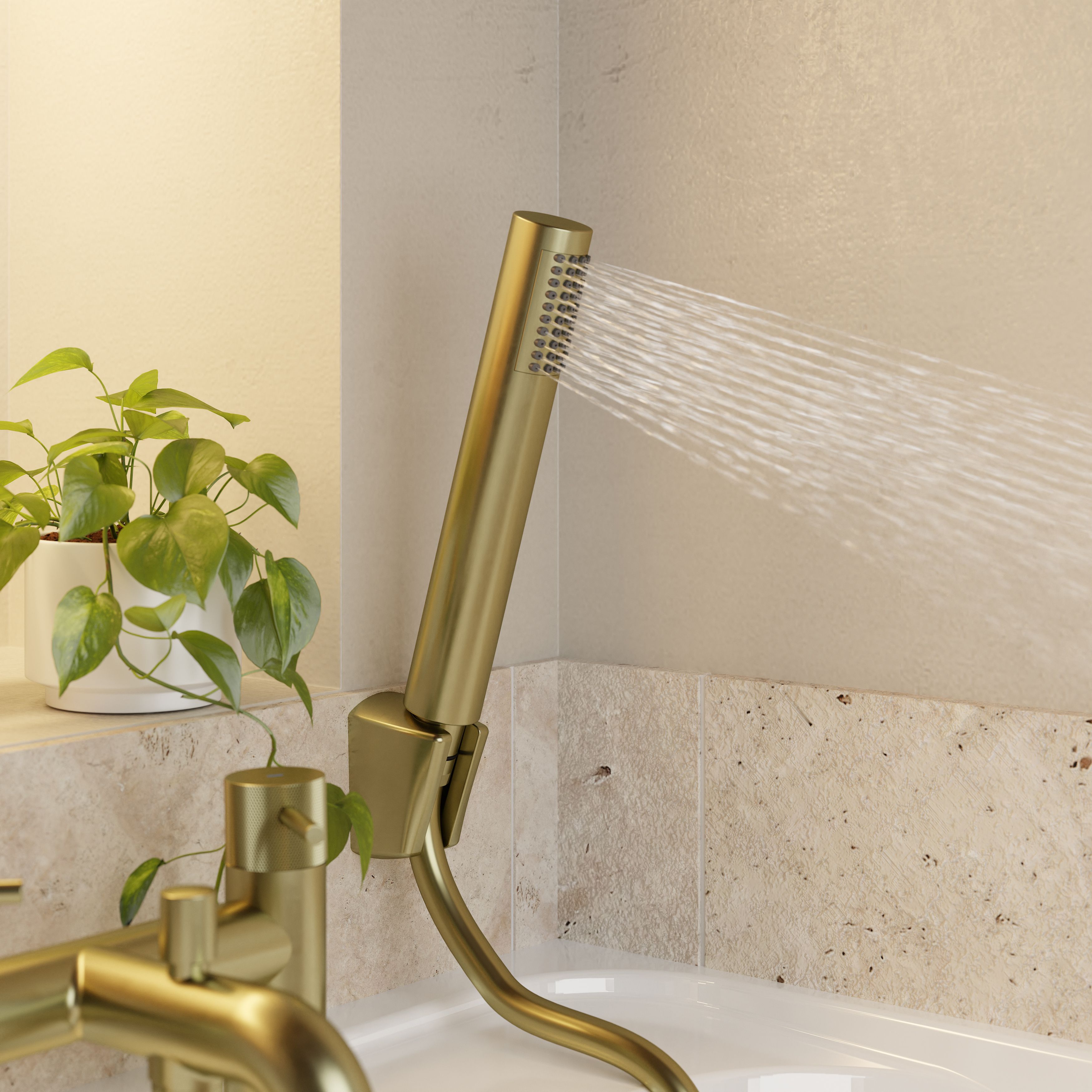 GoodHome Satin Brass effect Deck-mounted Double Bath shower mixer tap with shower kit
