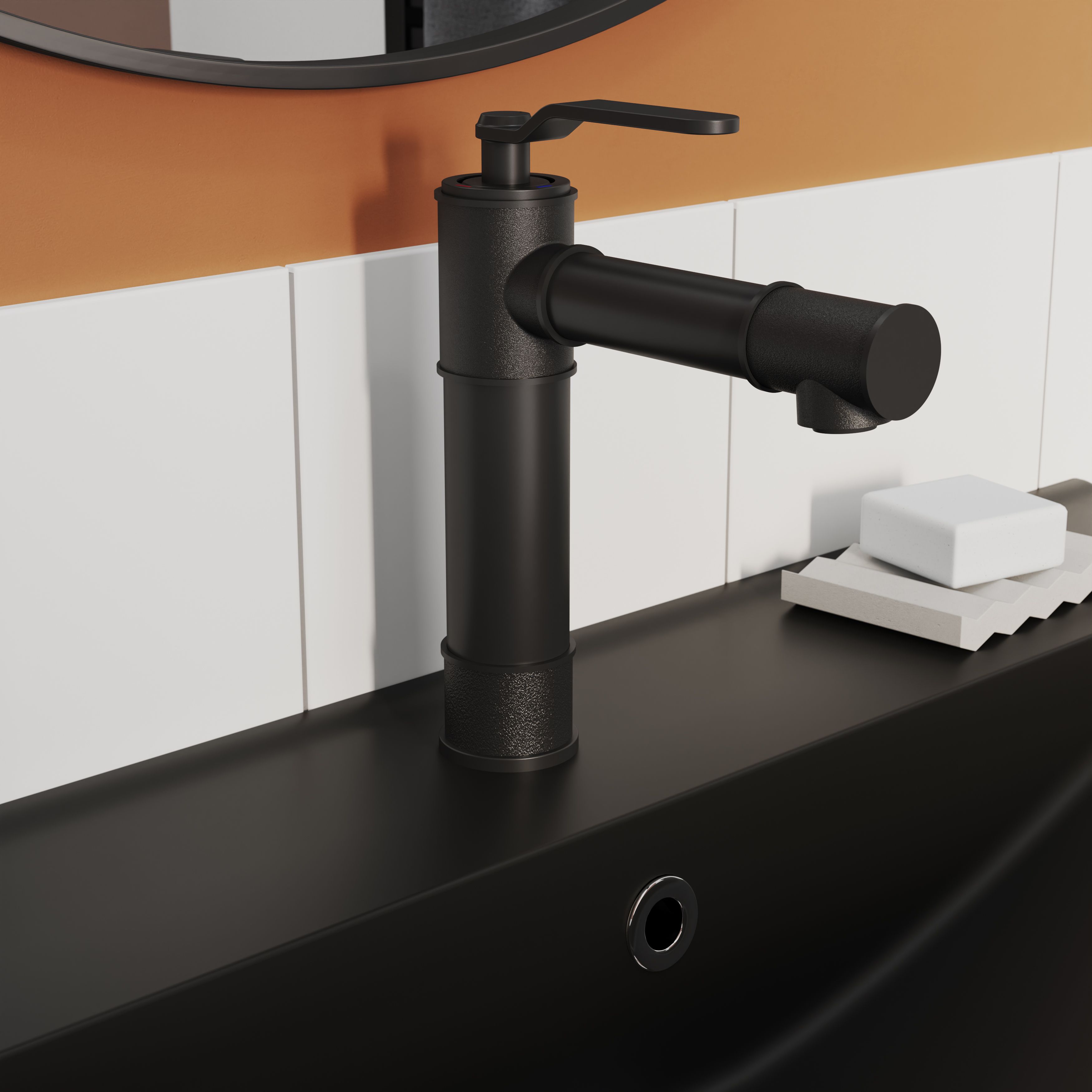 GoodHome SAUGA Tall Black Round Deck-mounted Manual Basin Mono mixer Tap