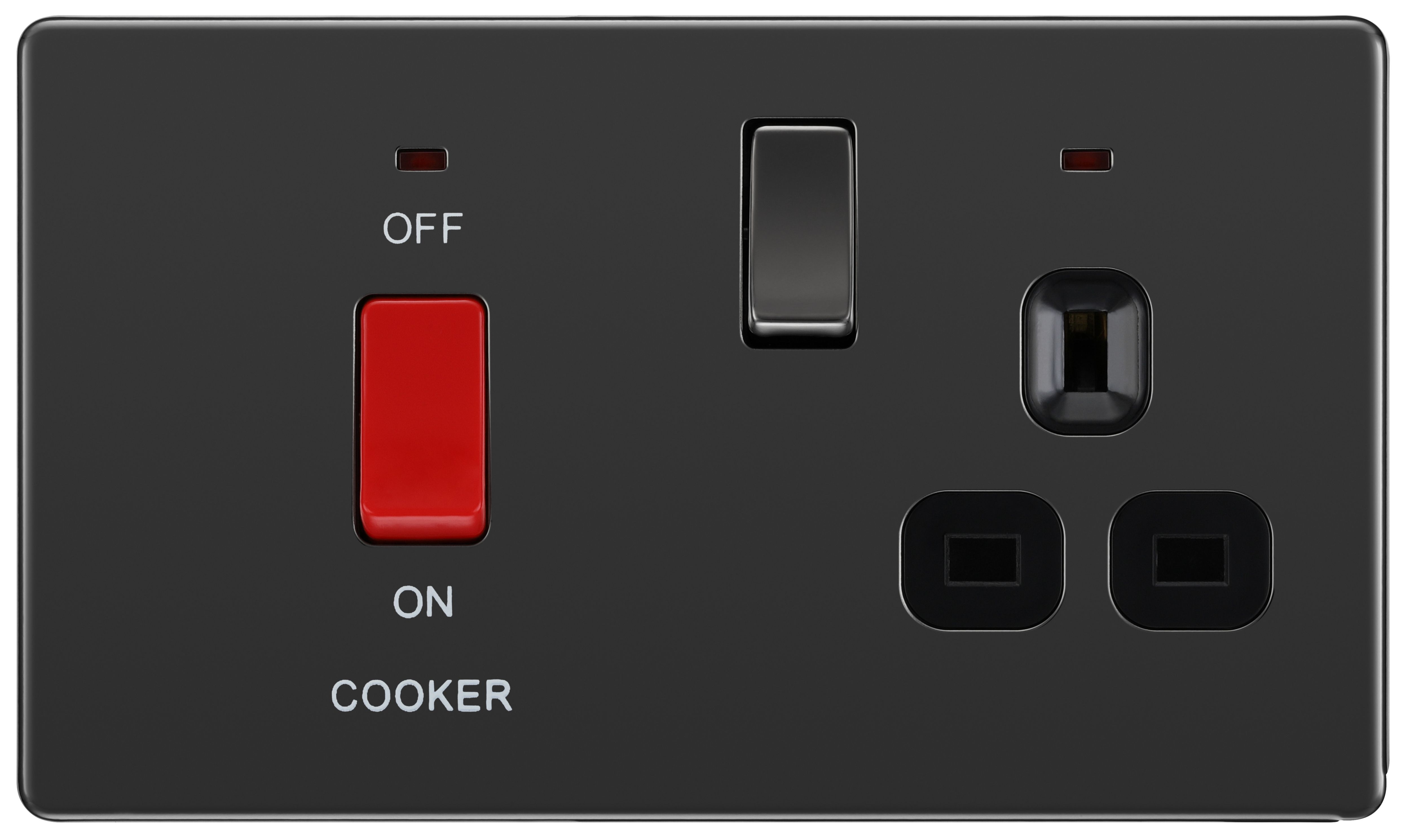 GoodHome Screwless Gloss Black Cooker switch & socket with neon