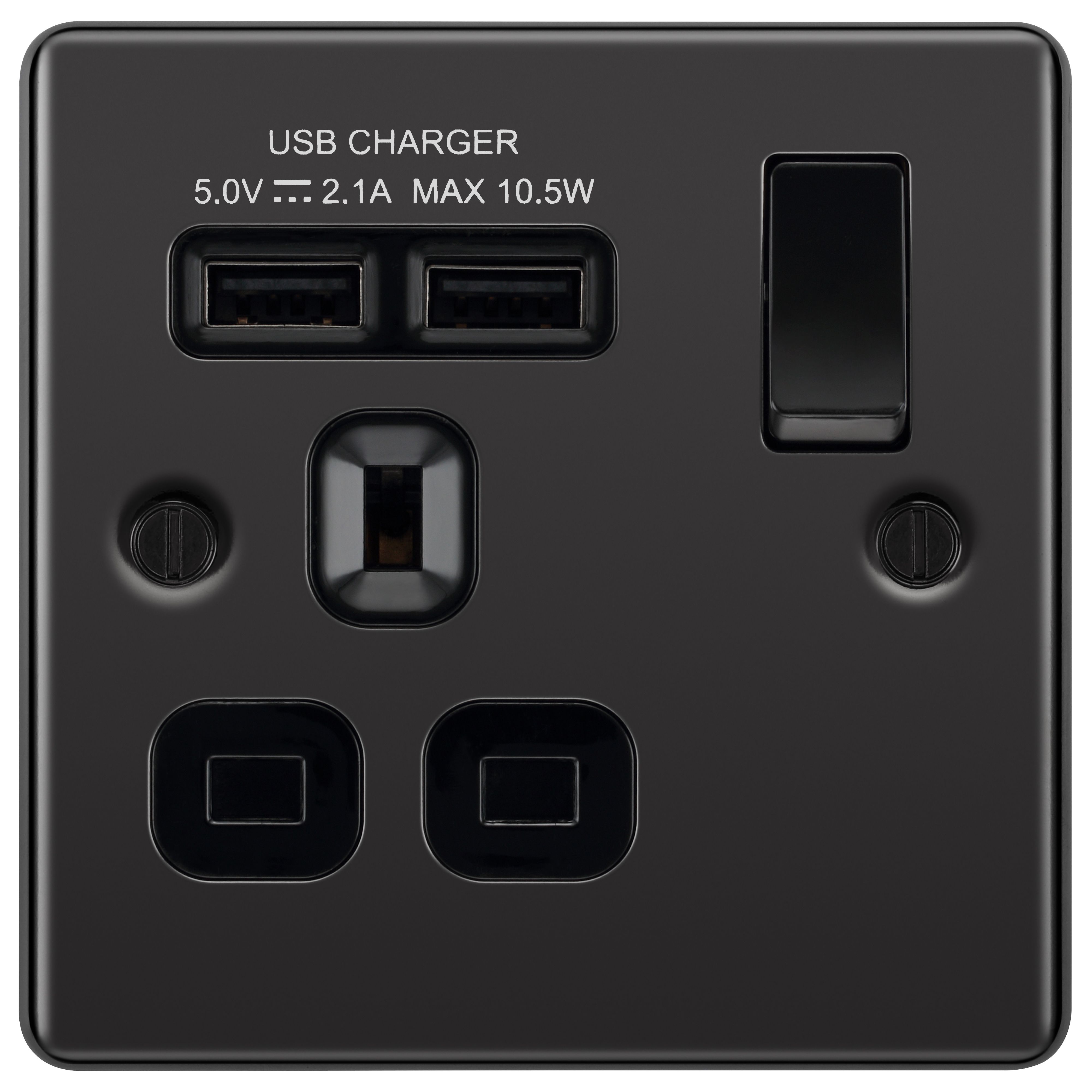 GoodHome Single 13A Switched Gloss Black Socket with USB x2 2.1A