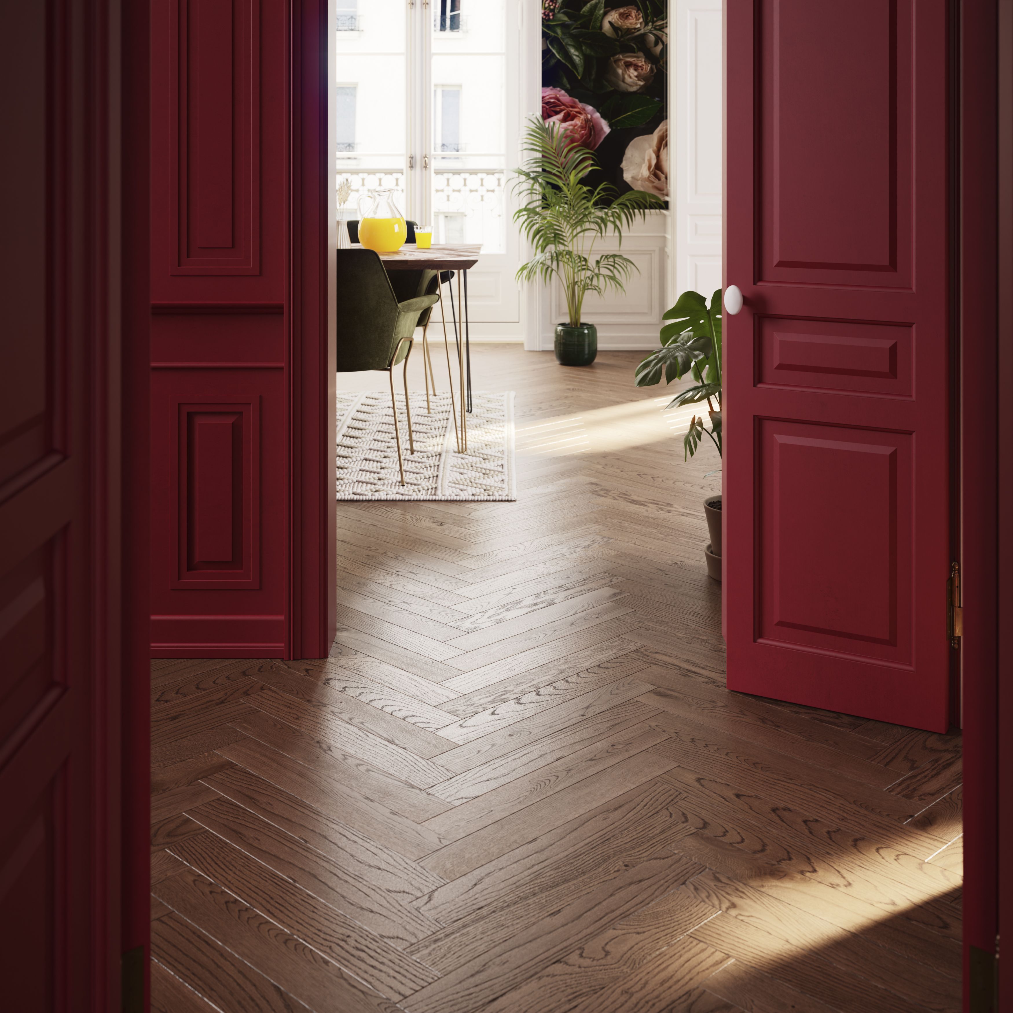 GoodHome Skanor Herringbone Dark Brown Oak Solid wood flooring, 1.94m² Pack of 36