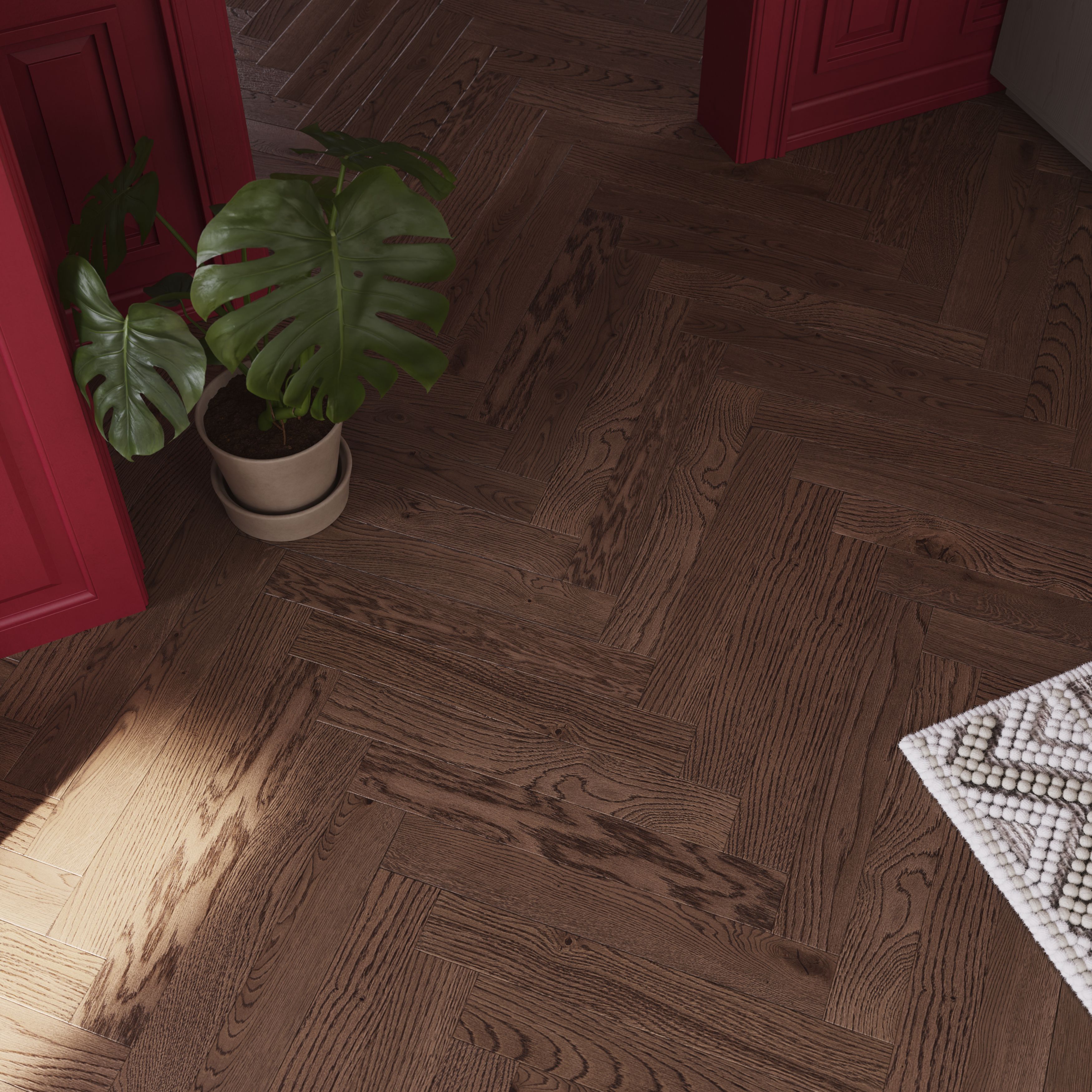 GoodHome Skanor Herringbone Dark Brown Oak Solid wood flooring, 1.94m² Pack of 36