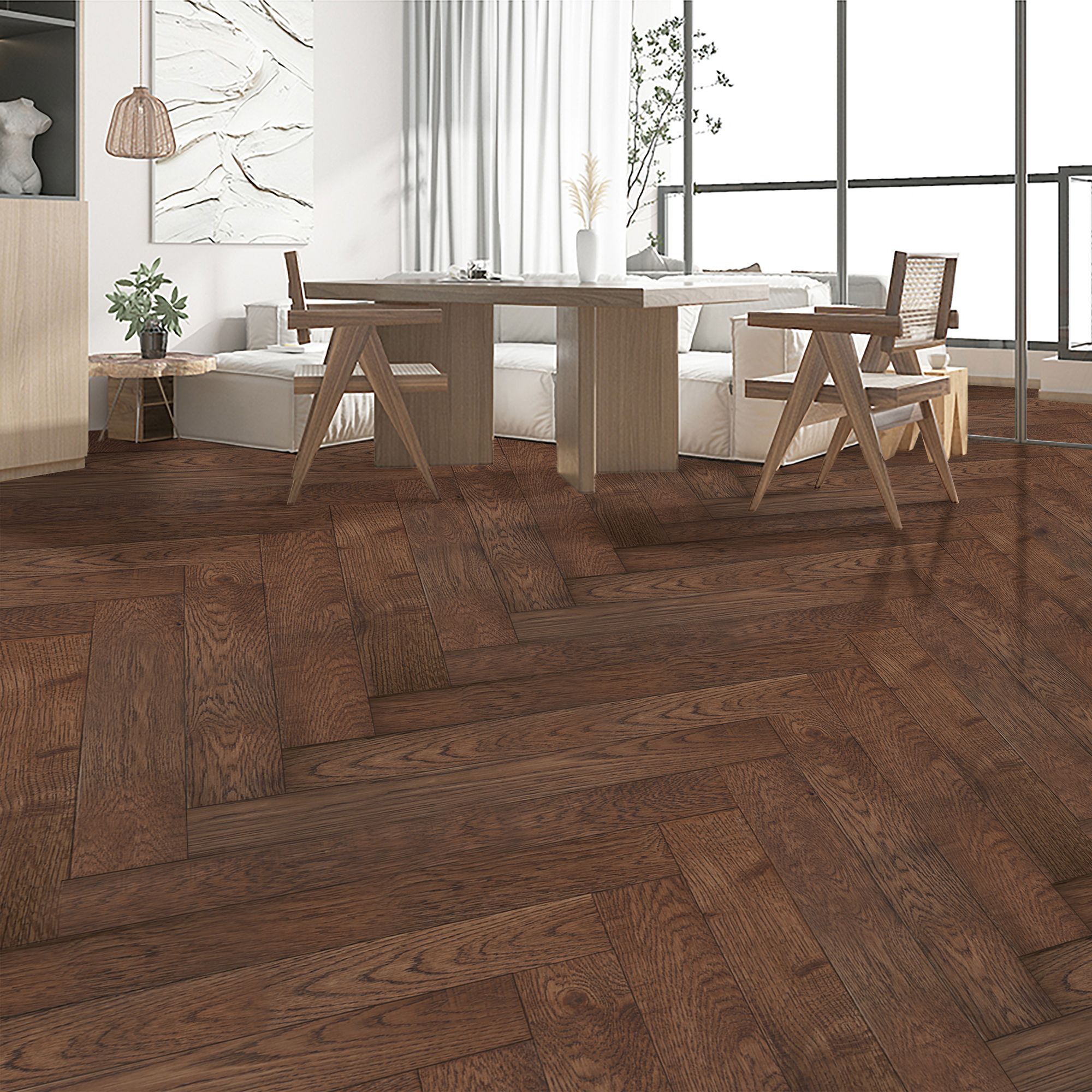 GoodHome Skanor Herringbone Dark Brown Oak Solid wood flooring, 1.94m² Pack of 36