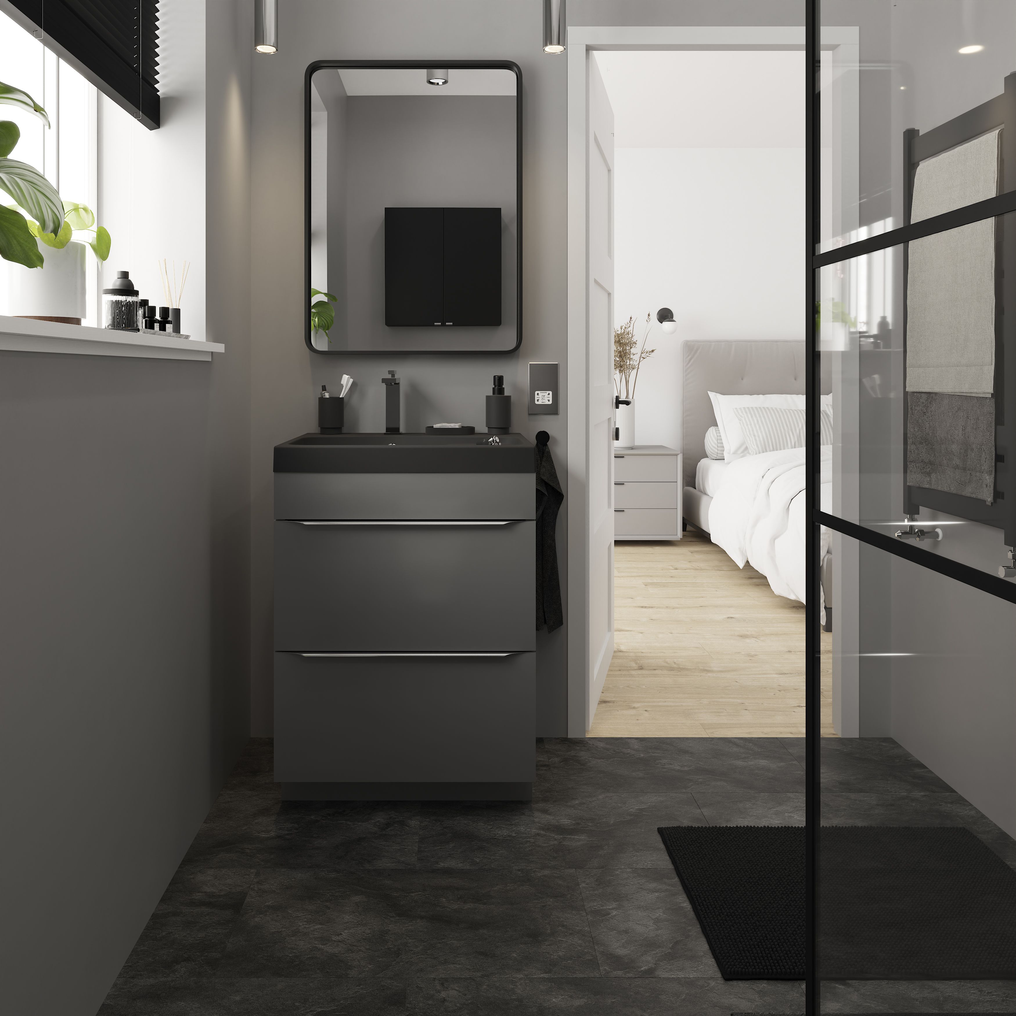 GoodHome Slate Black Tile effect Laminate Flooring Sample
