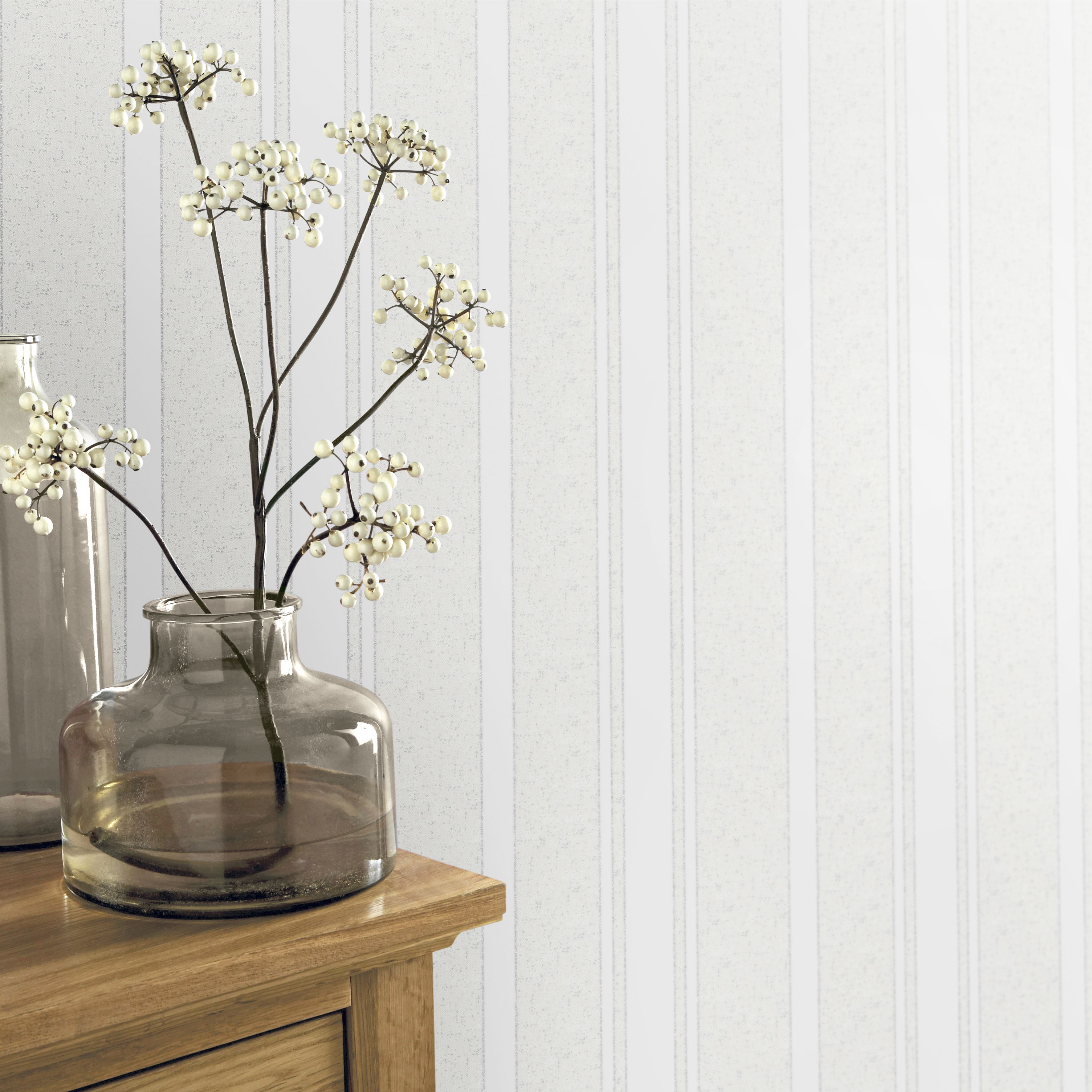 GoodHome Solfia White Striped Glitter effect Textured Wallpaper Sample