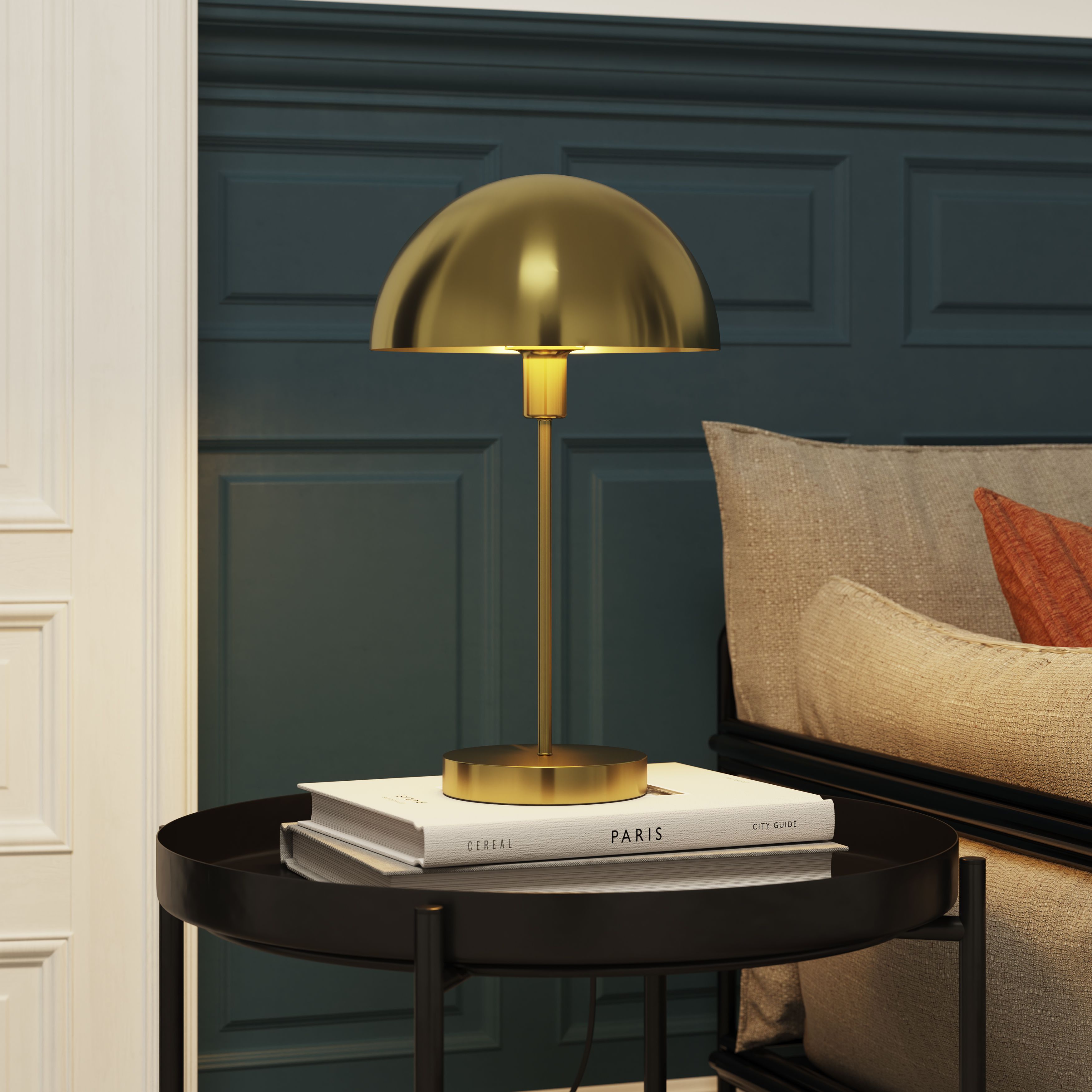 GoodHome Songor Brushed Brass effect Eco halogen Round Table lamp
