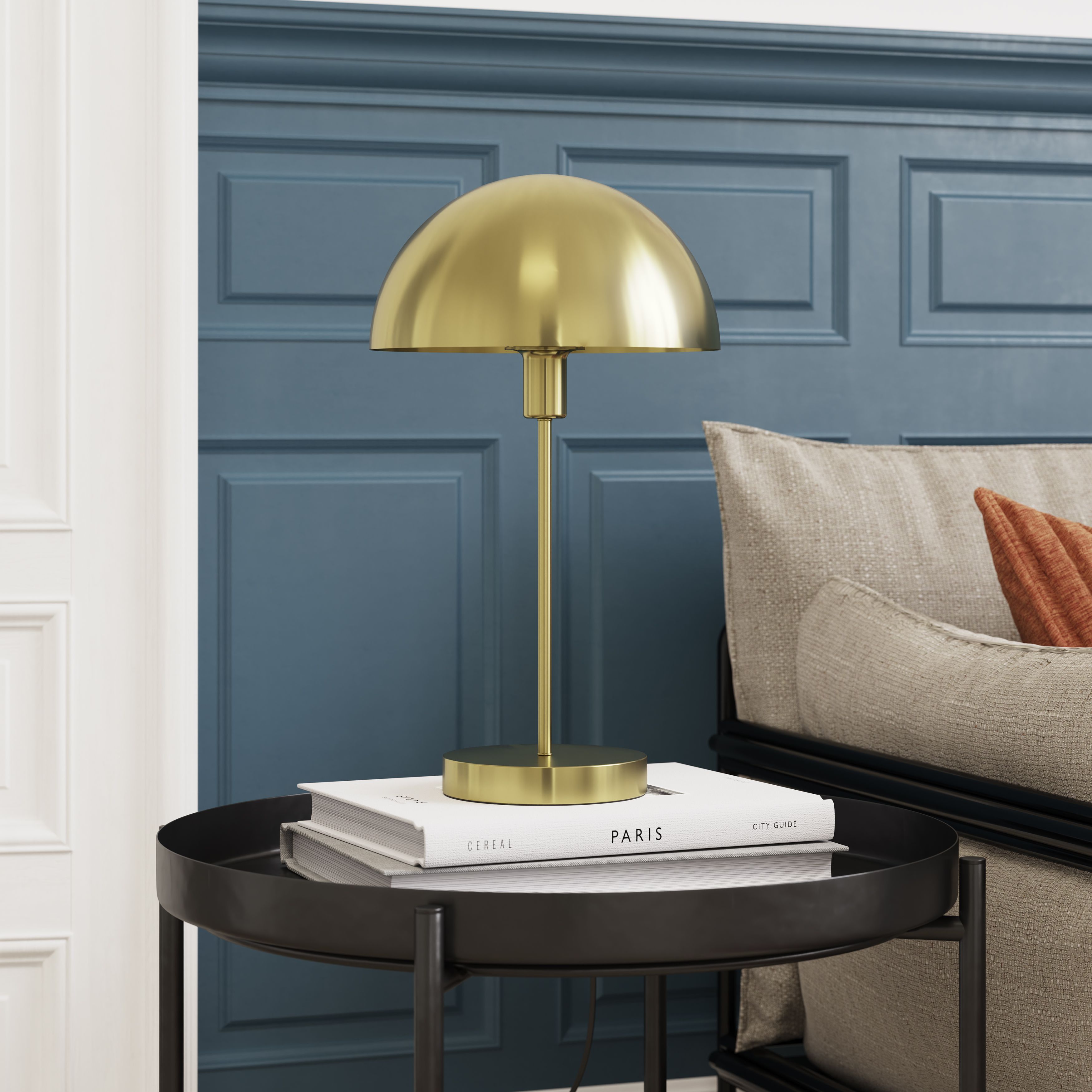 GoodHome Songor Brushed Brass effect Eco halogen Round Table lamp