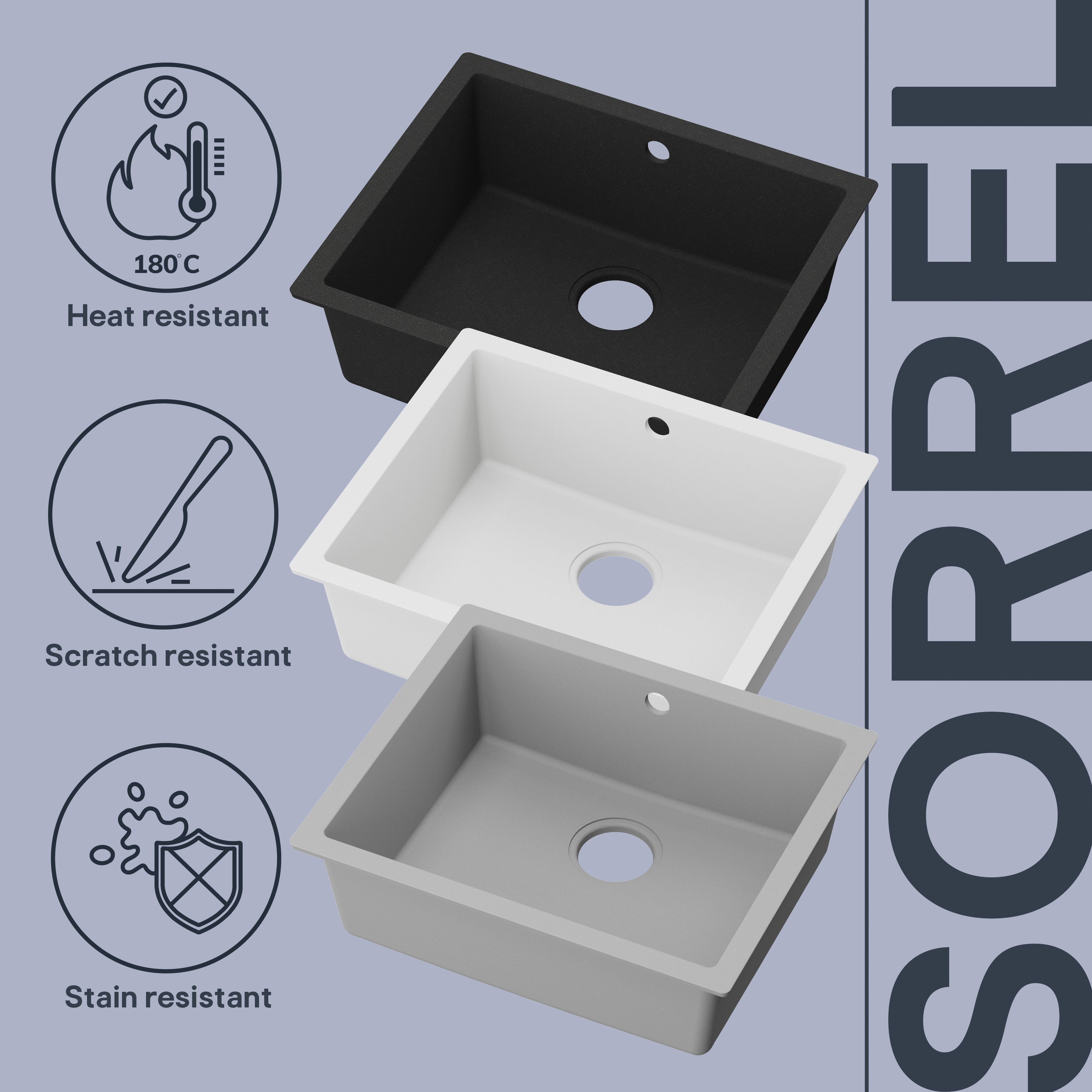GoodHome Sorrel Polished White Composite quartz 1 Bowl Kitchen sink 550mm x 460mm