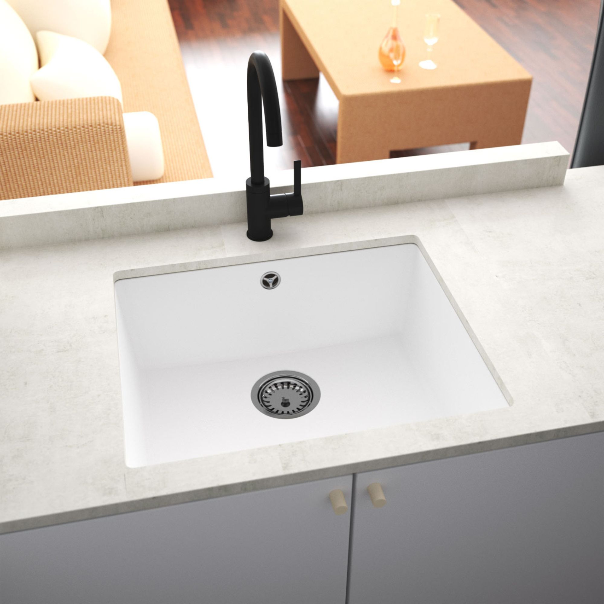 GoodHome Sorrel Polished White Composite quartz 1 Bowl Kitchen sink 550mm x 460mm