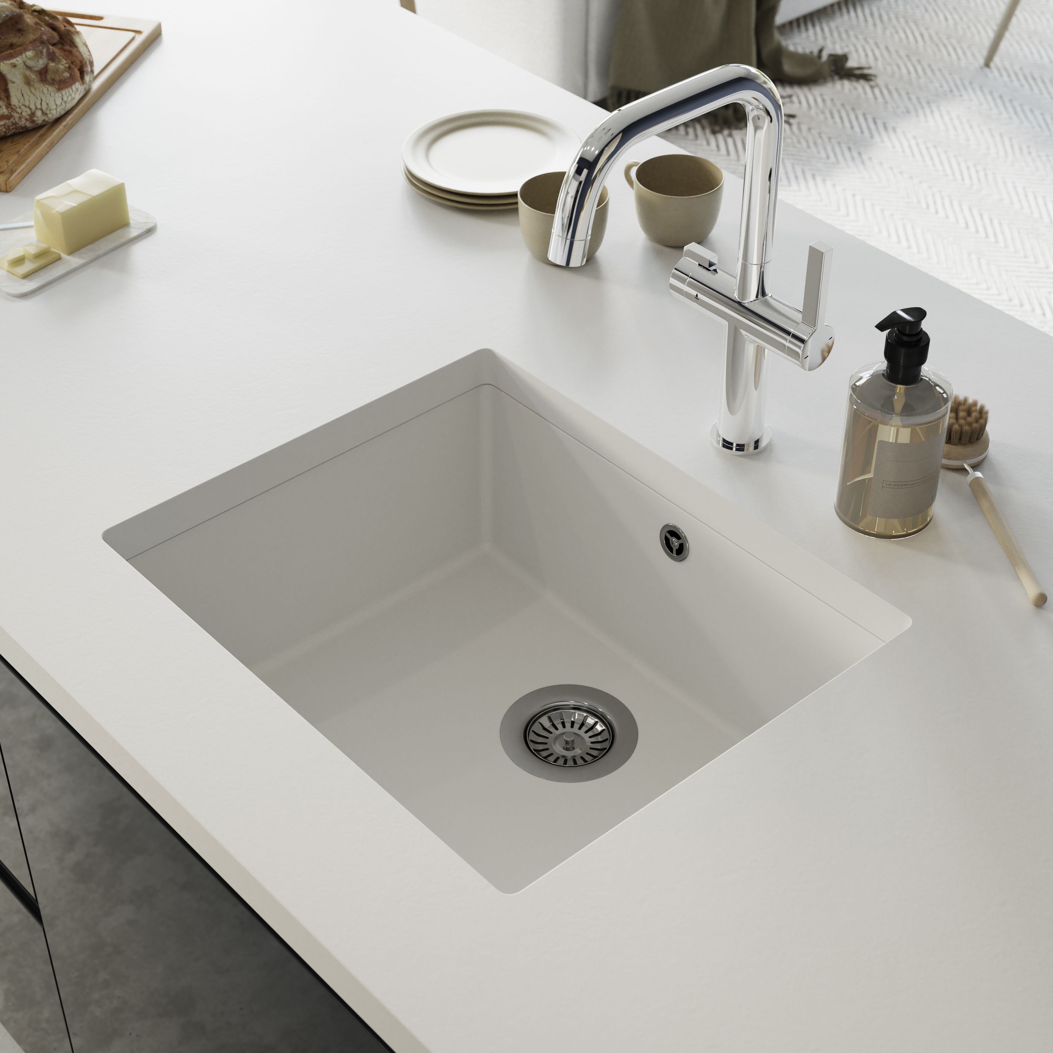 GoodHome Sorrel Polished White Composite quartz 1 Bowl Kitchen sink 550mm x 460mm
