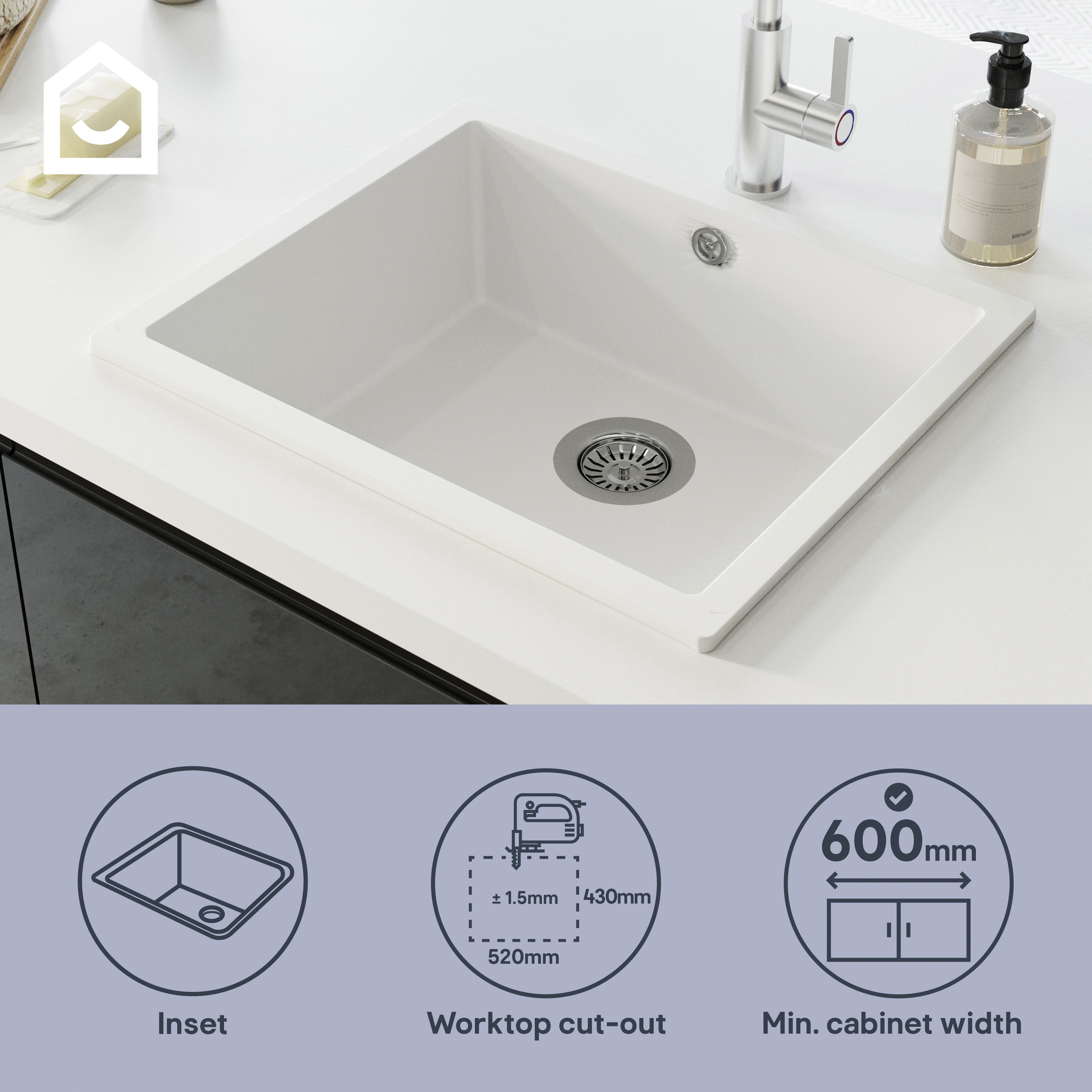 GoodHome Sorrel Polished White Composite quartz 1 Bowl Kitchen sink 550mm x 460mm