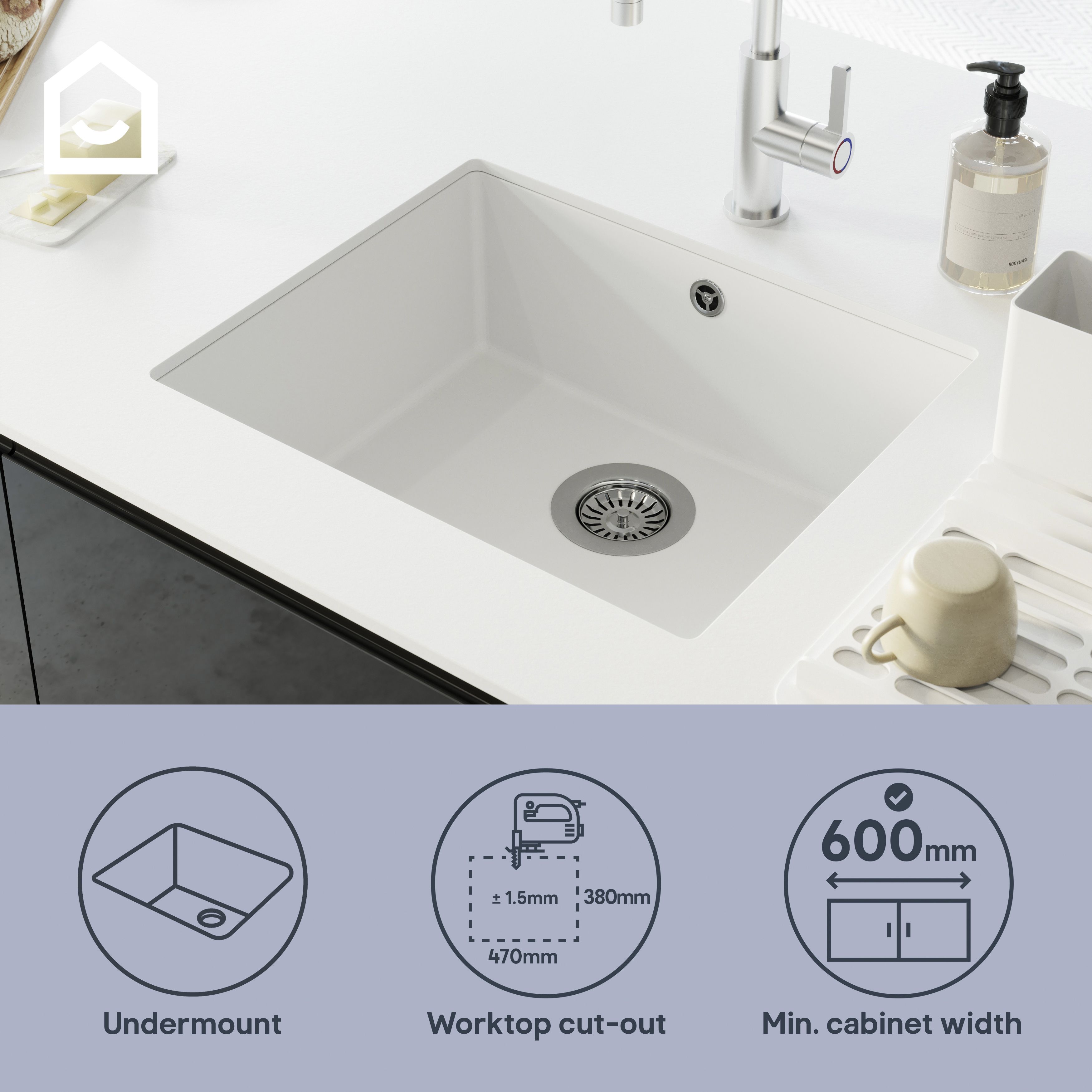 GoodHome Sorrel Polished White Composite quartz 1 Bowl Kitchen sink 550mm x 460mm