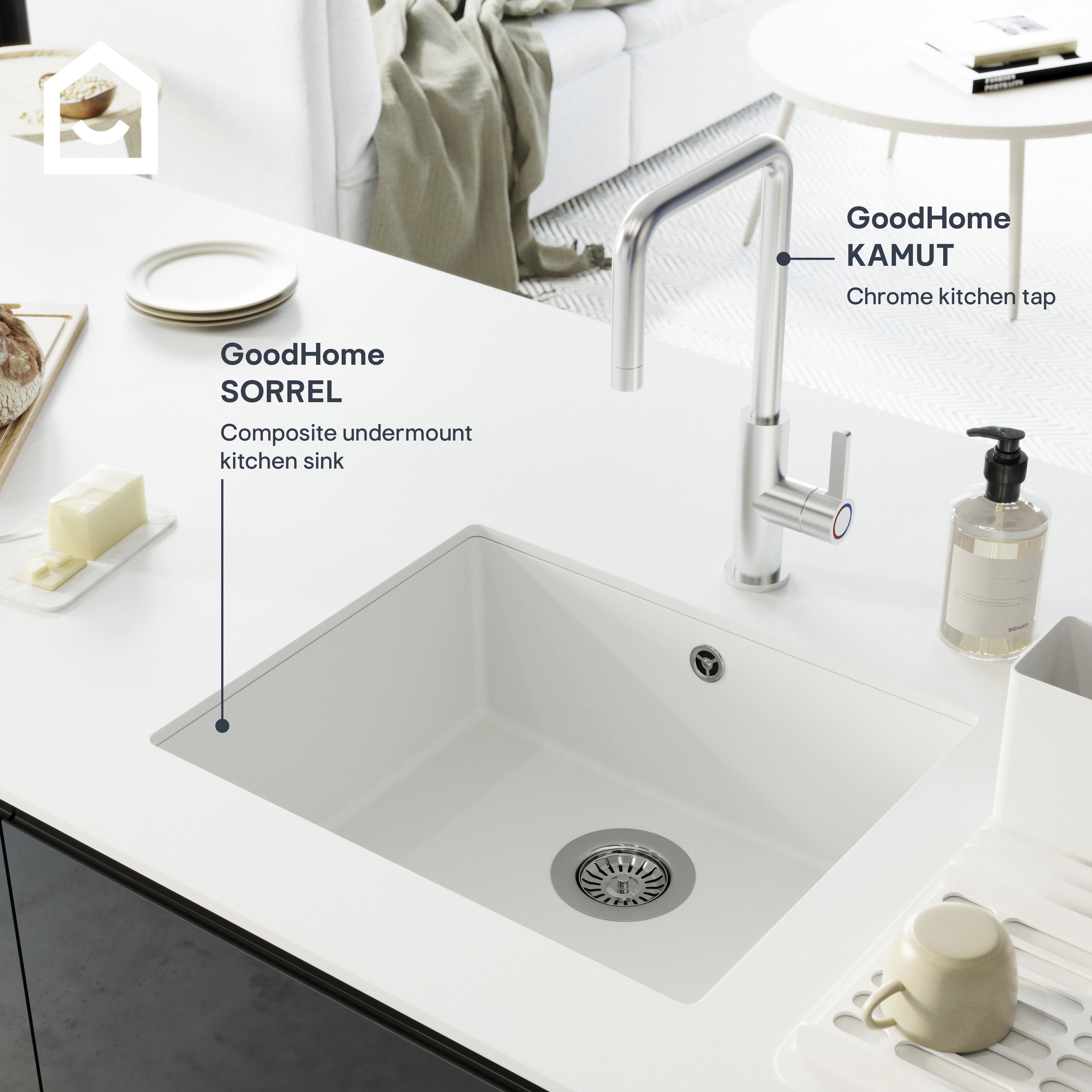 GoodHome Sorrel Polished White Composite quartz 1 Bowl Kitchen sink 550mm x 460mm