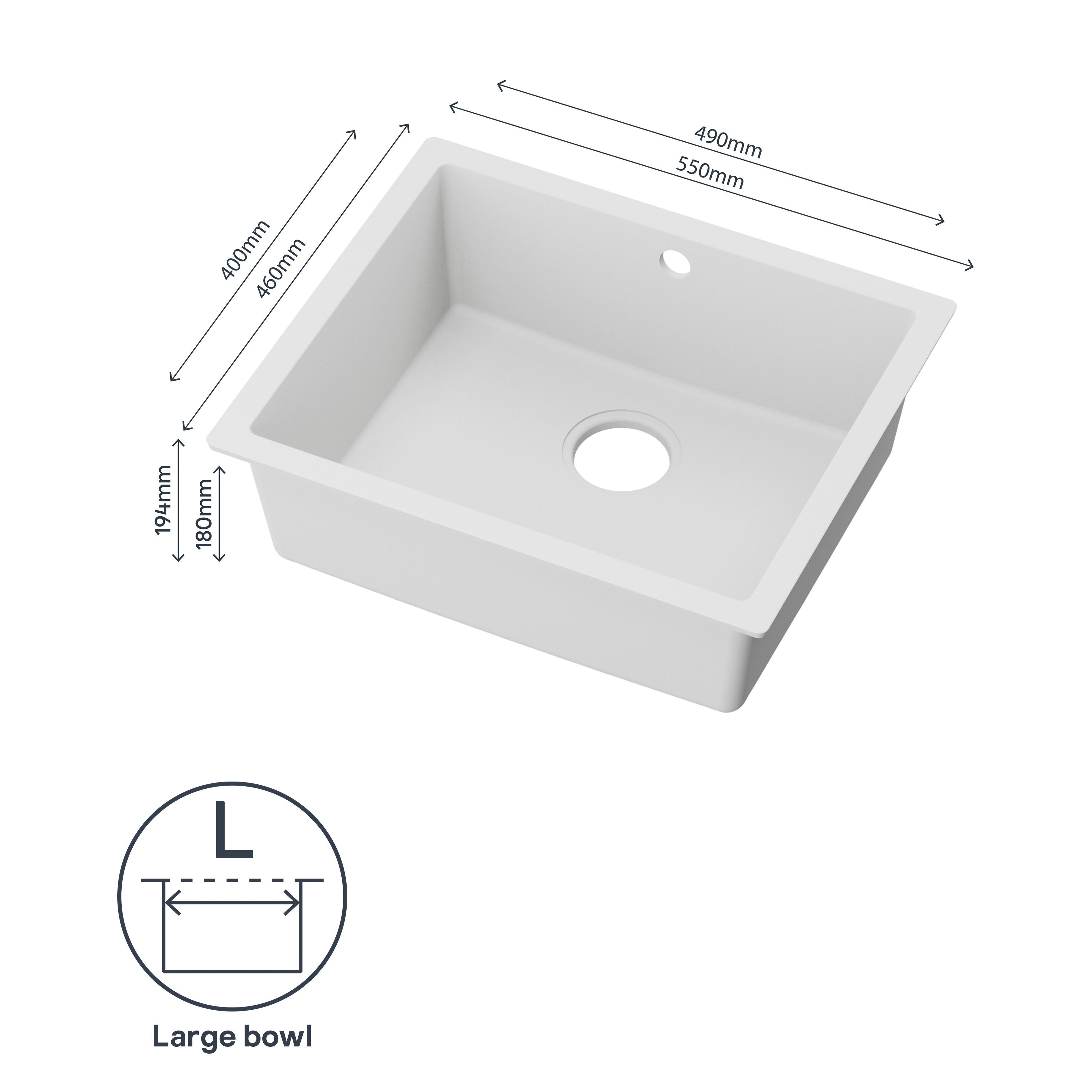 GoodHome Sorrel Polished White Composite quartz 1 Bowl Kitchen sink 550mm x 460mm