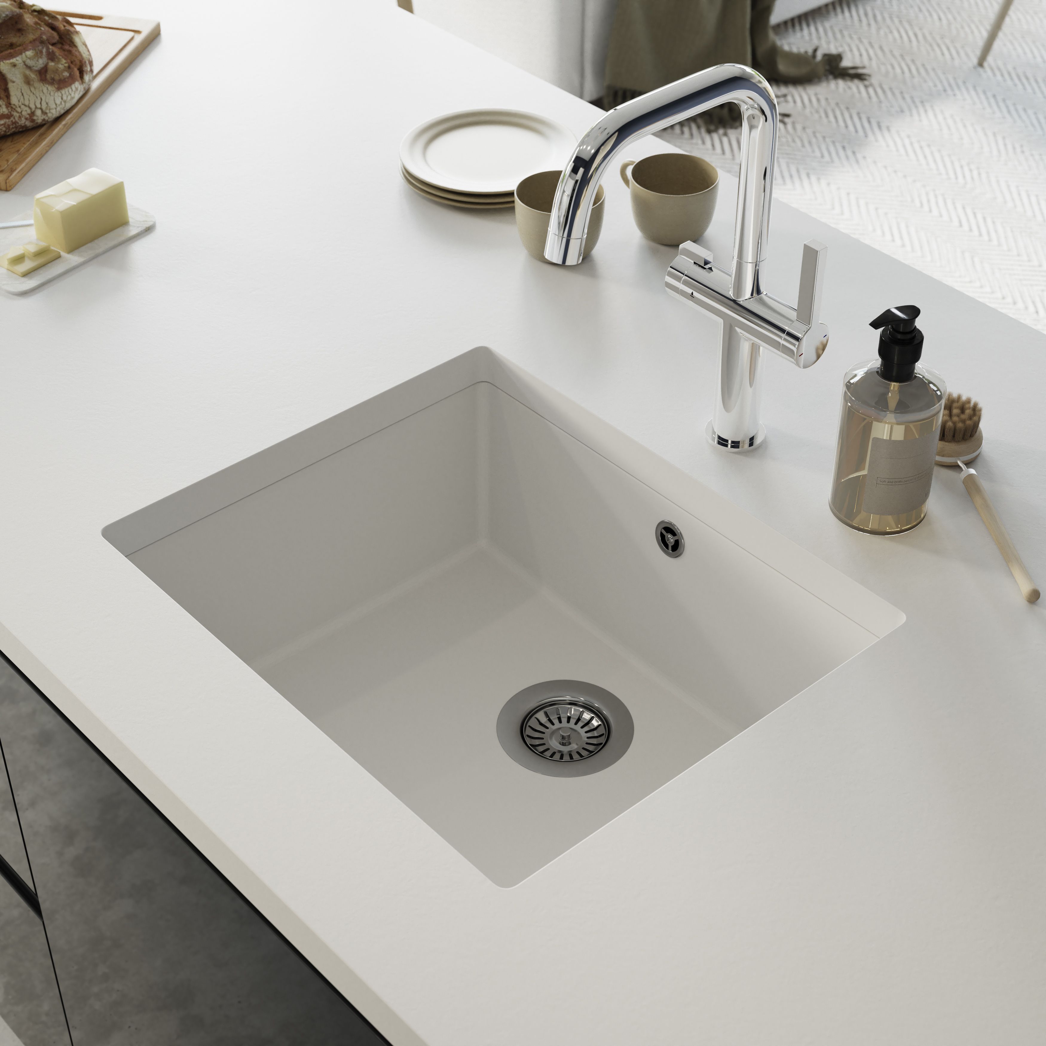 GoodHome Sorrel White Composite quartz 1 Bowl Kitchen sink 550mm x 460mm