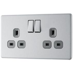 GoodHome Stainless steel Double 13A Switched Socket with Grey inserts