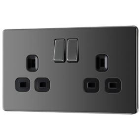 GoodHome Stainless steel Gloss black nickel effect Double 13A Switched Socket with Black inserts