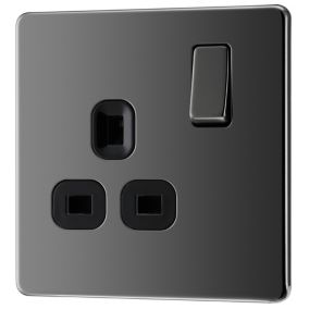 GoodHome Stainless steel Gloss black nickel effect Single 13A Switched Socket with Black inserts