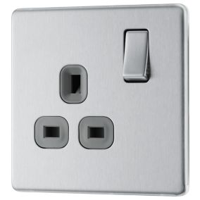 GoodHome Stainless steel Single 13A Switched Socket with Grey inserts