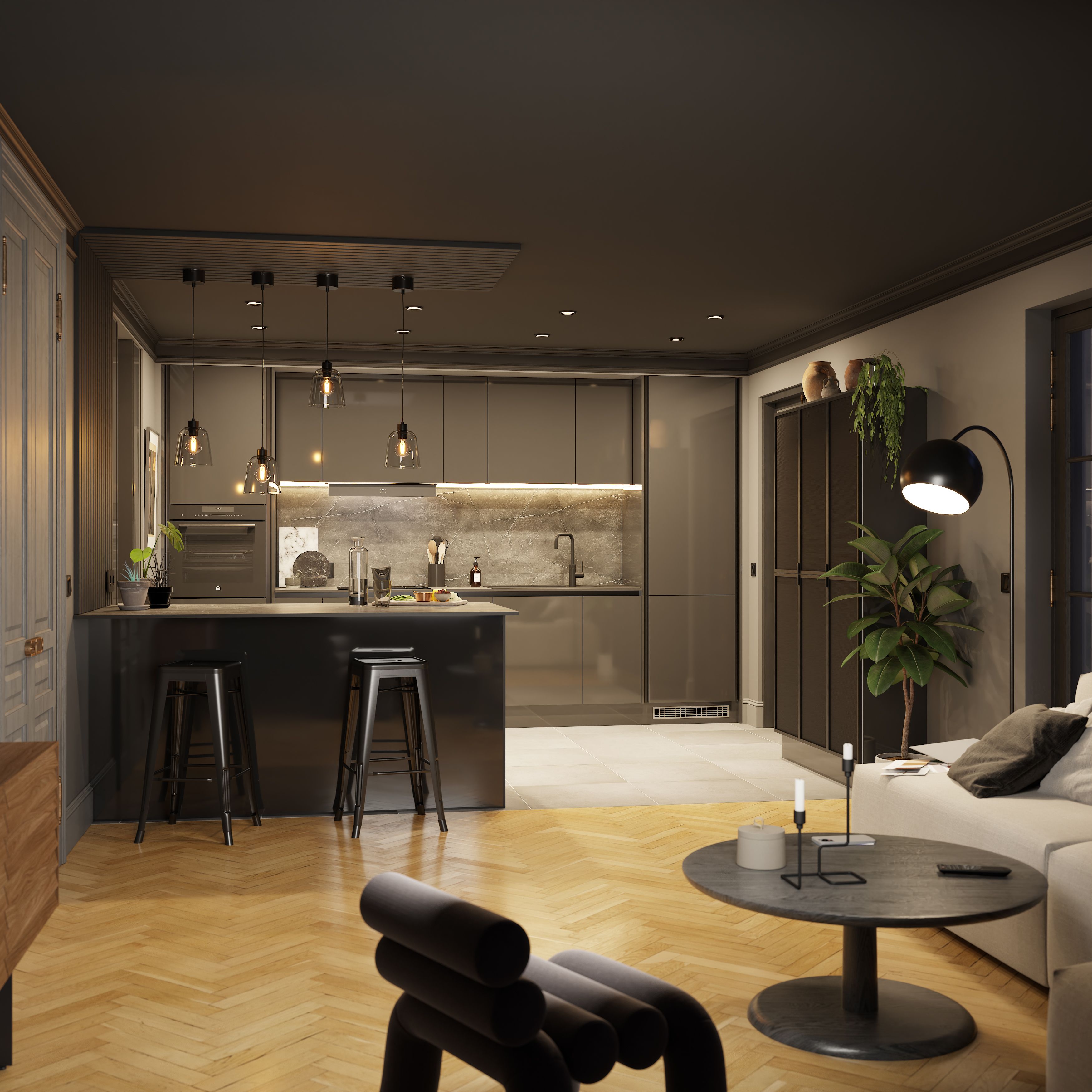 GoodHome Stevia & Garcinia Innovo handleless gloss anthracite slab Clad on end panel (H)715mm (W)595mm