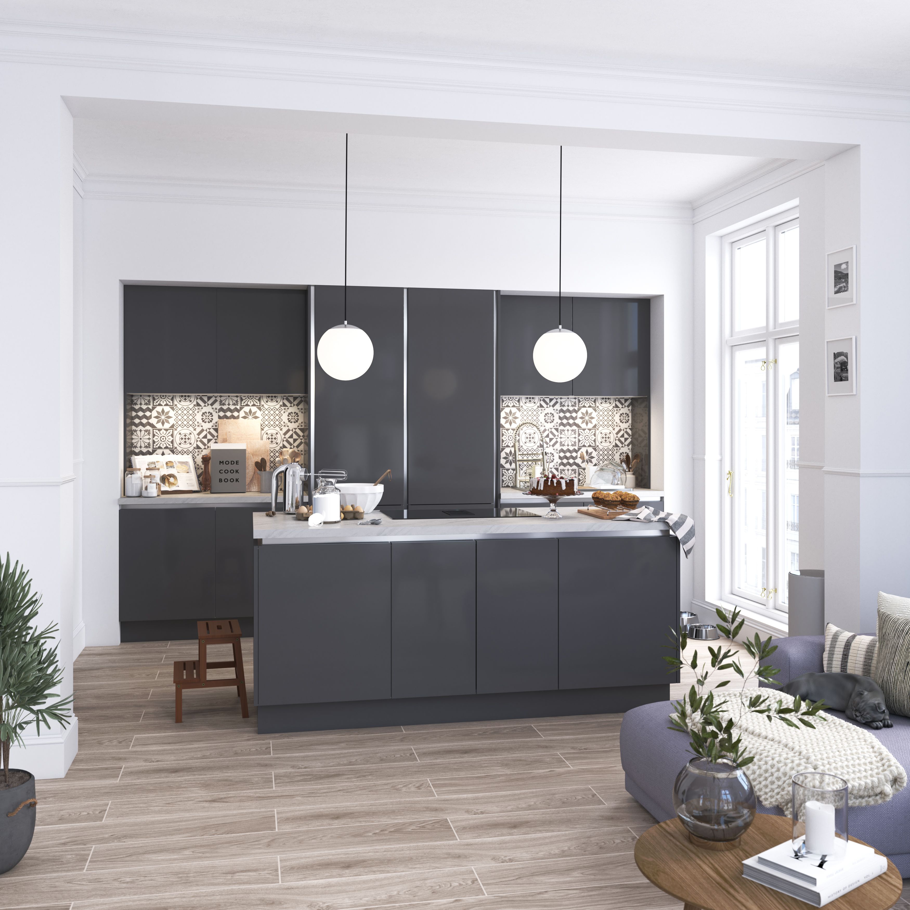GoodHome Stevia Gloss anthracite slab Highline Cabinet door (W)600mm (H)715mm (T)18mm