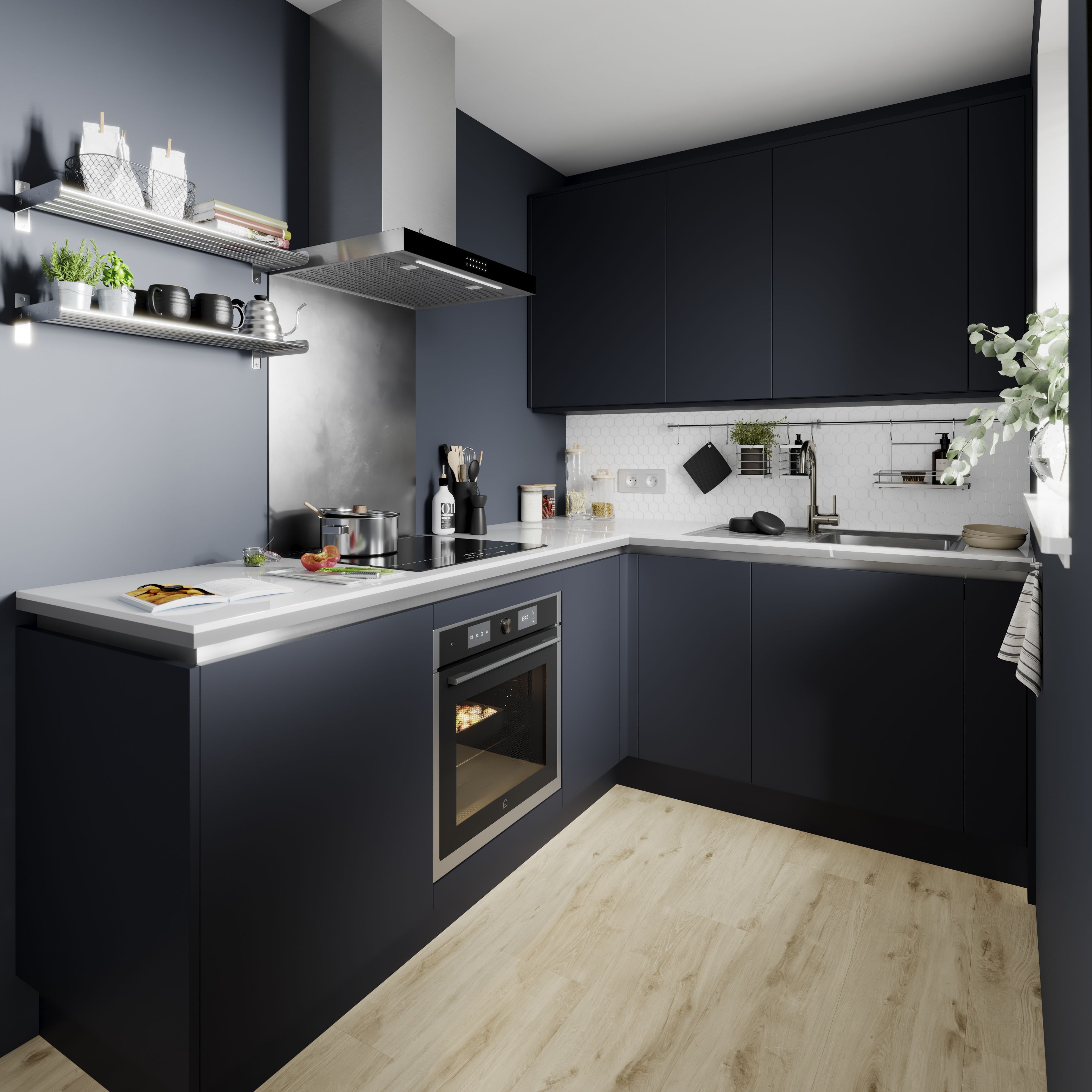 GoodHome Stevia Matt blue slab Drawer front (W)500mm, Pack of 3