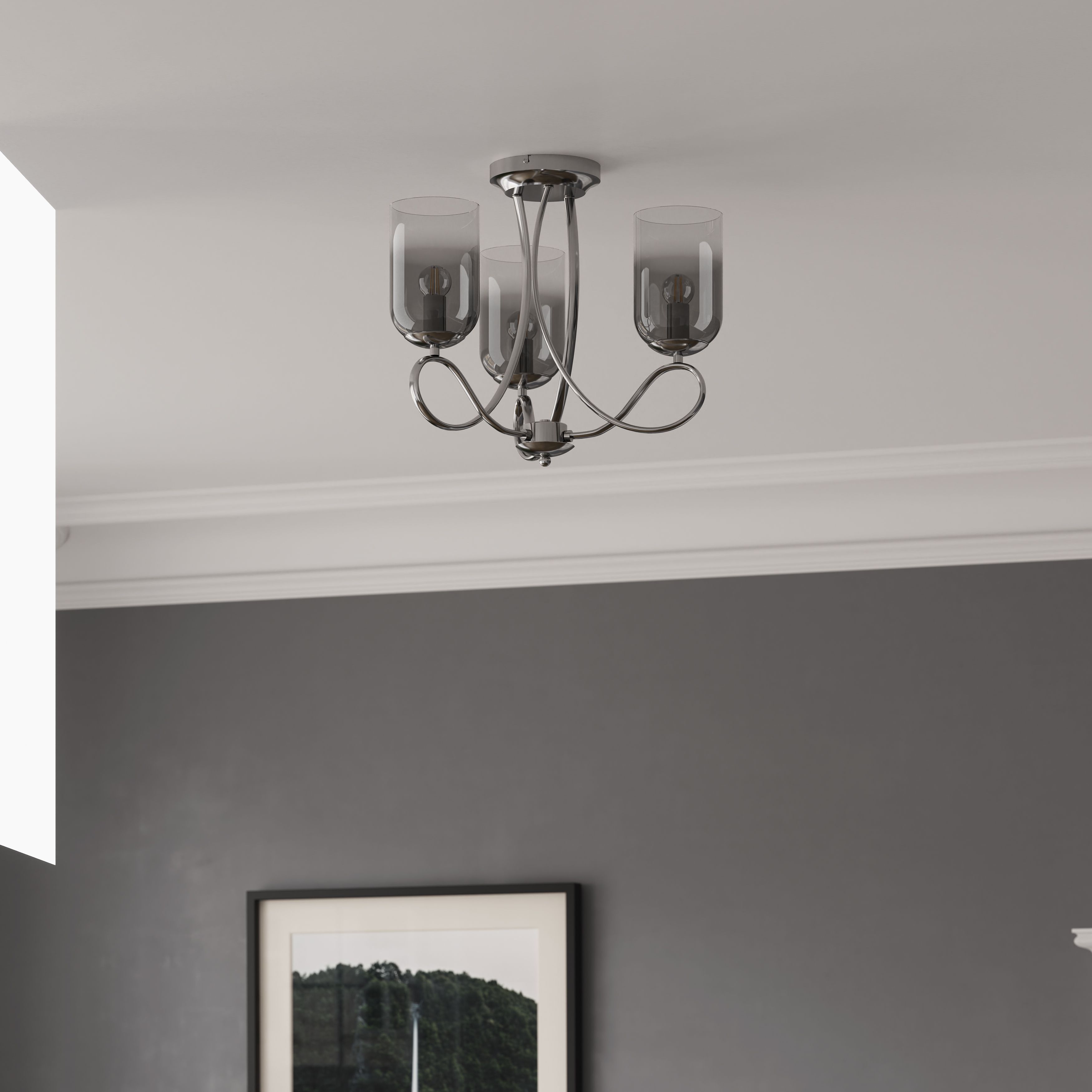 GoodHome Tadley Round Glass & metal Chrome & smoked glass effect 3 Lamp LED Ceiling light