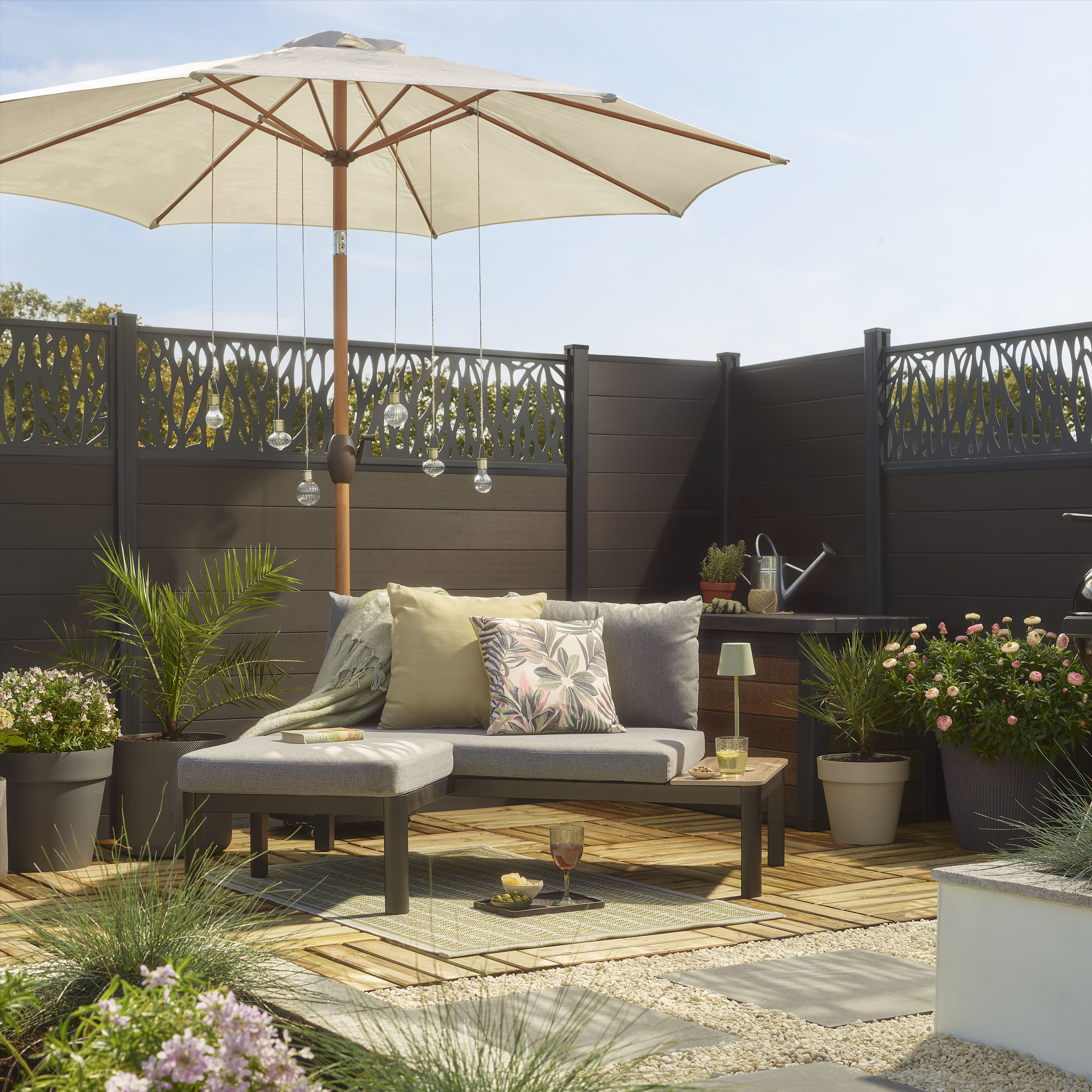 GoodHome Thilia Grey 2 Seater Modular corner Garden furniture set