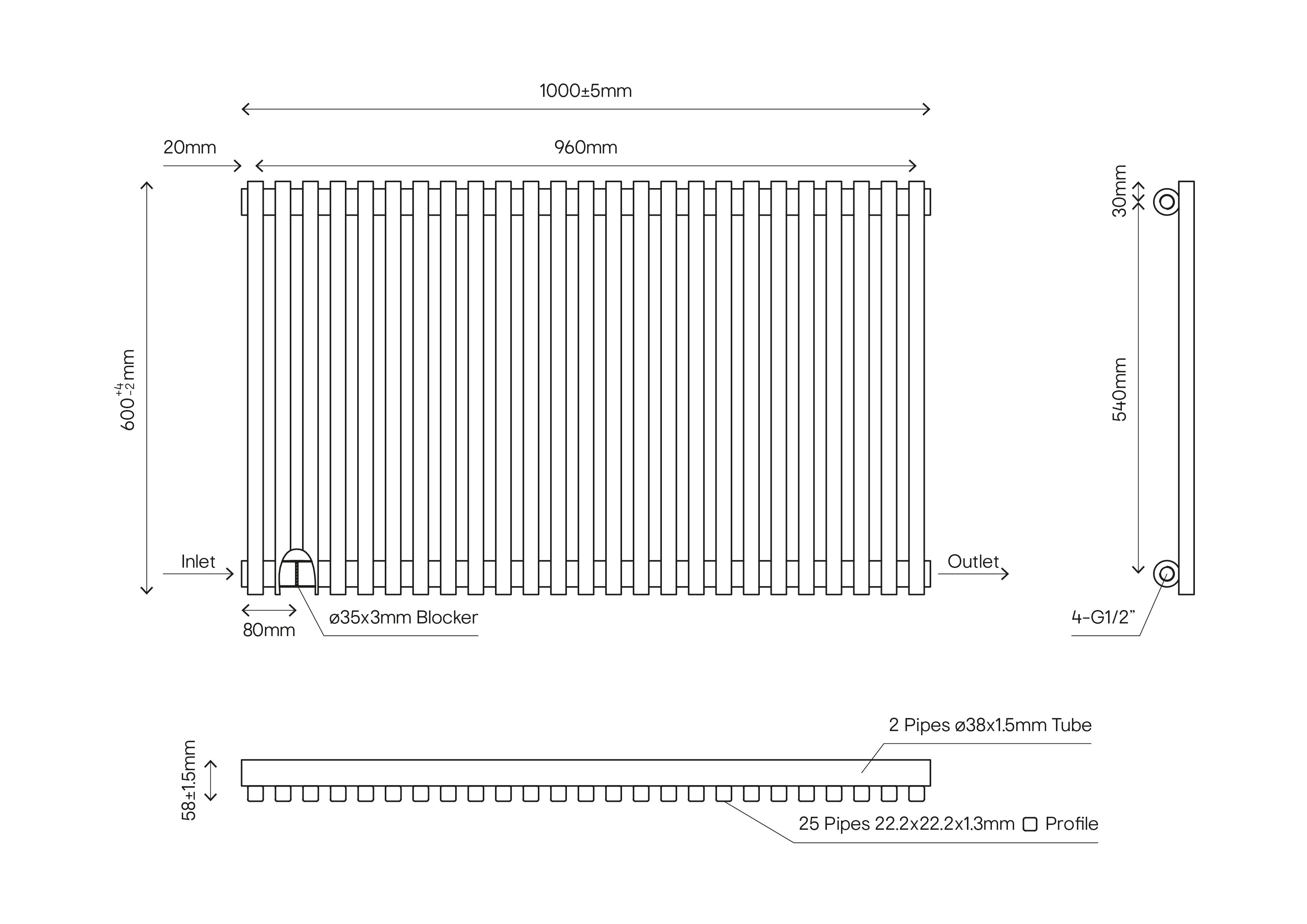 GoodHome Thorpe Anthracite Horizontal Designer Radiator, (W)1000mm x (H)600mm