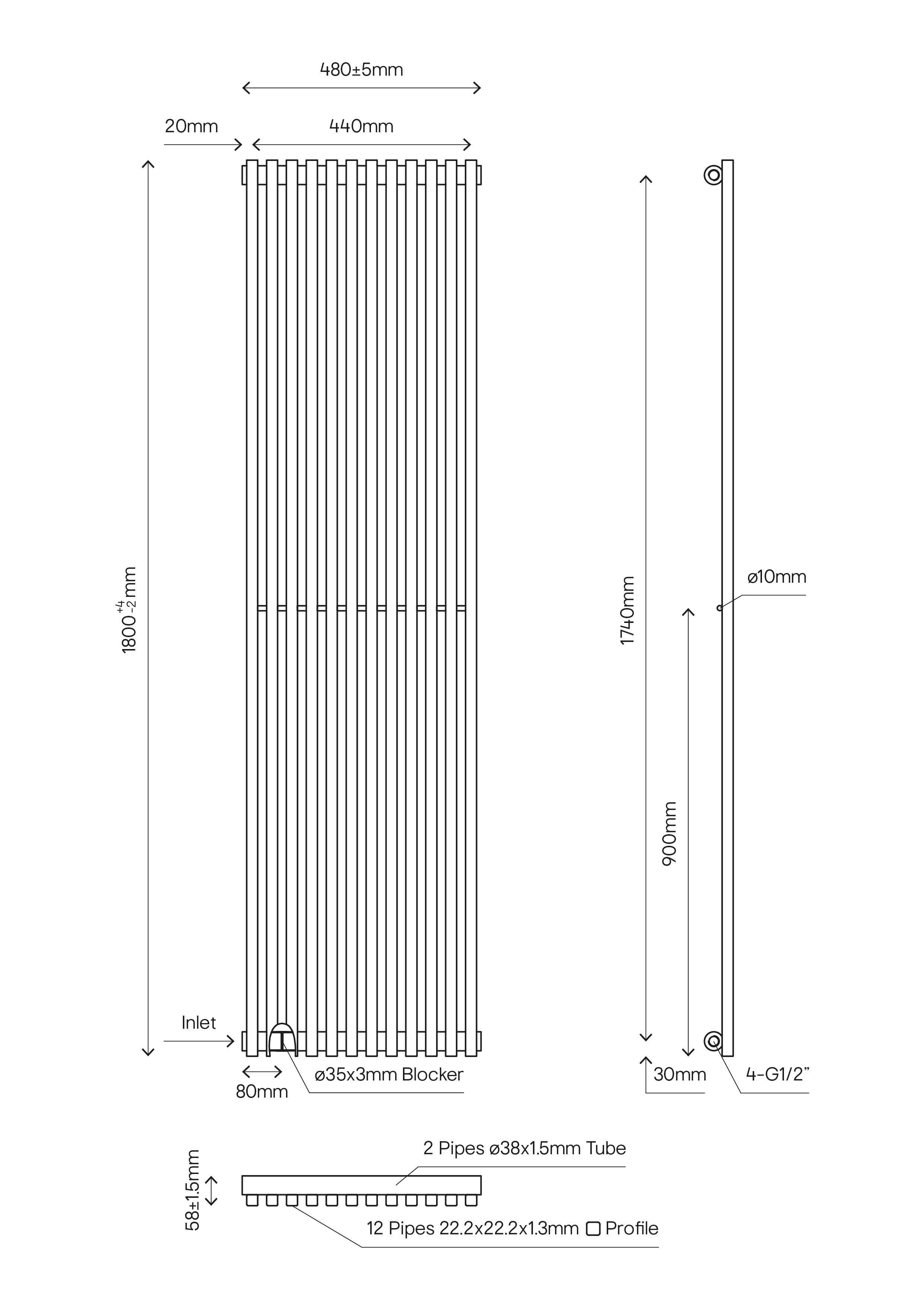GoodHome Thorpe White Vertical Designer Radiator, (W)480mm x (H)1800mm