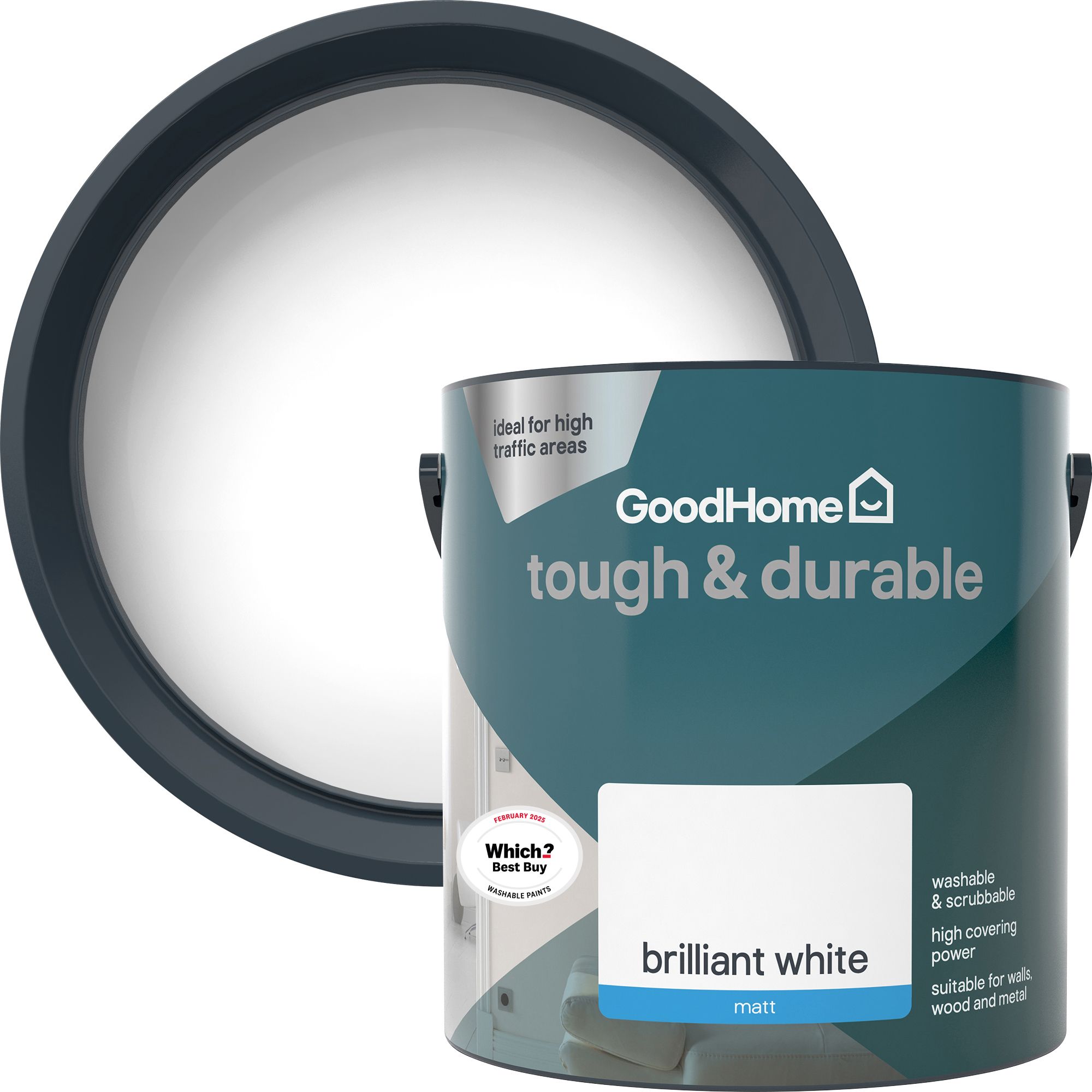 GoodHome Tough & Durable Brilliant white Matt Wall & ceiling Emulsion paint, 2.5L