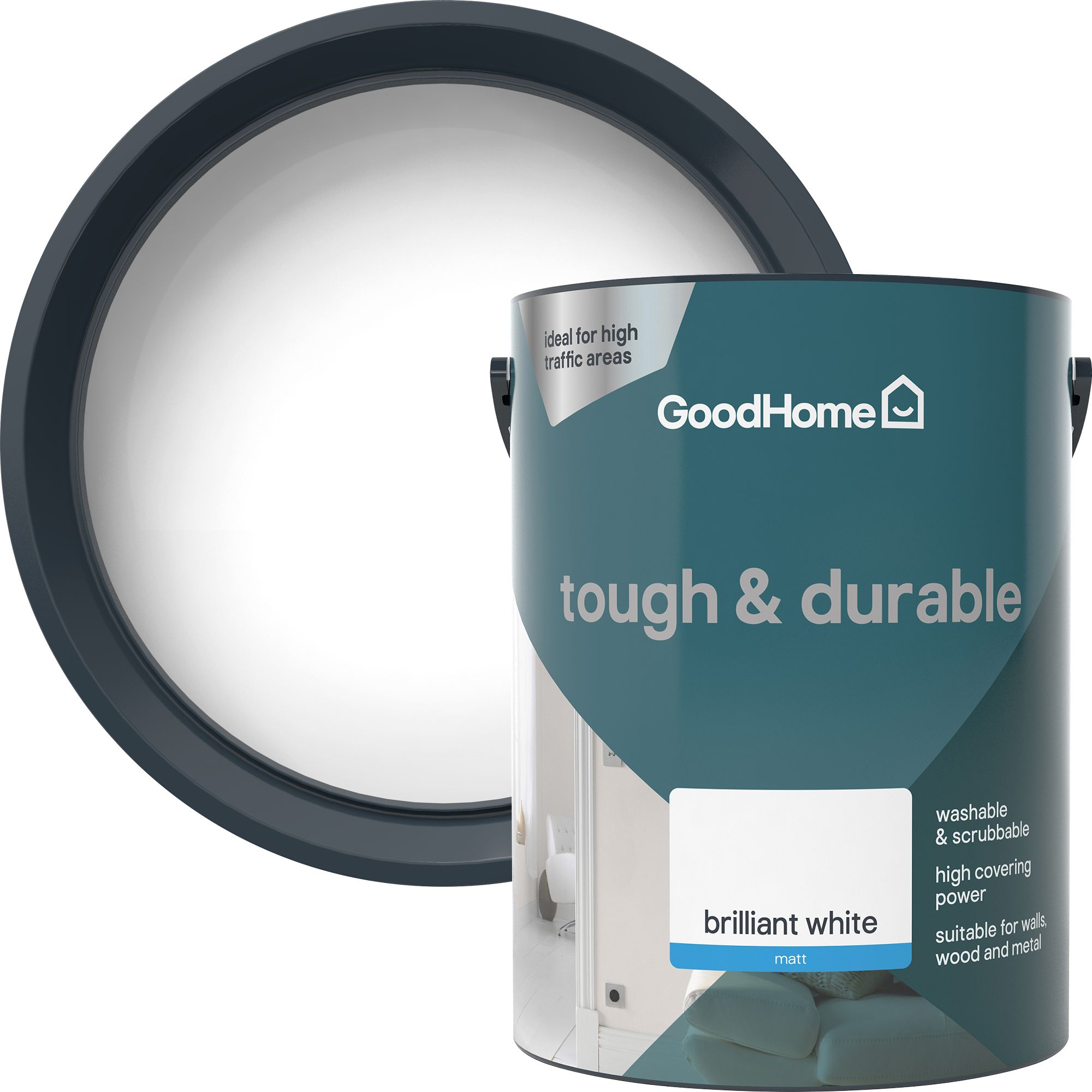 GoodHome Tough & Durable Brilliant white Matt Wall & ceiling Emulsion paint, 5L