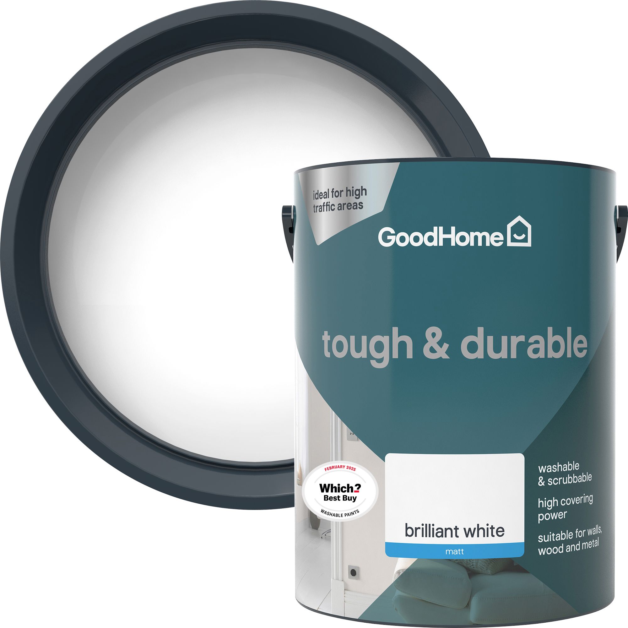 GoodHome Tough & Durable Brilliant white Matt Wall & ceiling Emulsion paint, 5L