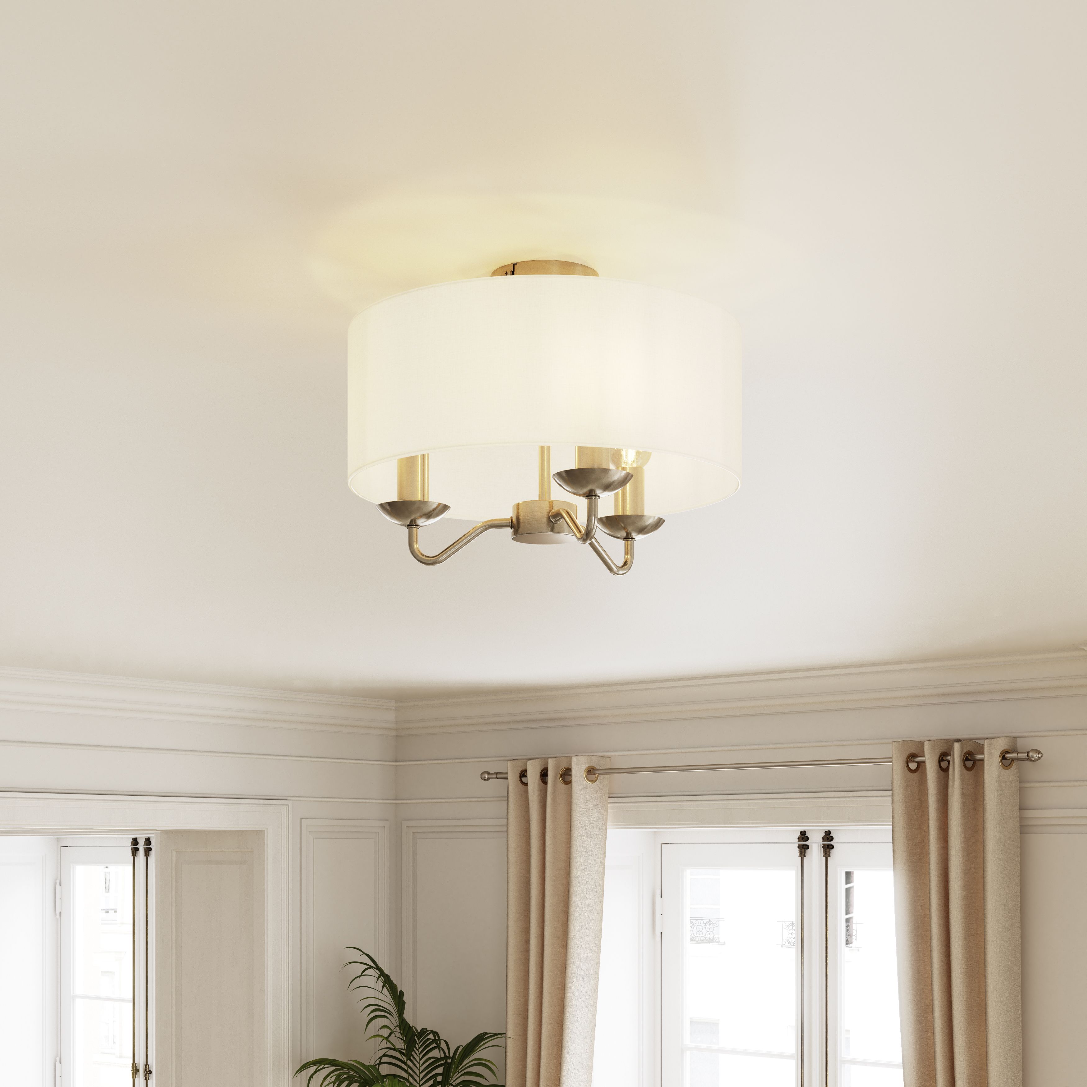GoodHome Traditional Fabric & metal Nickel effect 3 Lamp Ceiling light