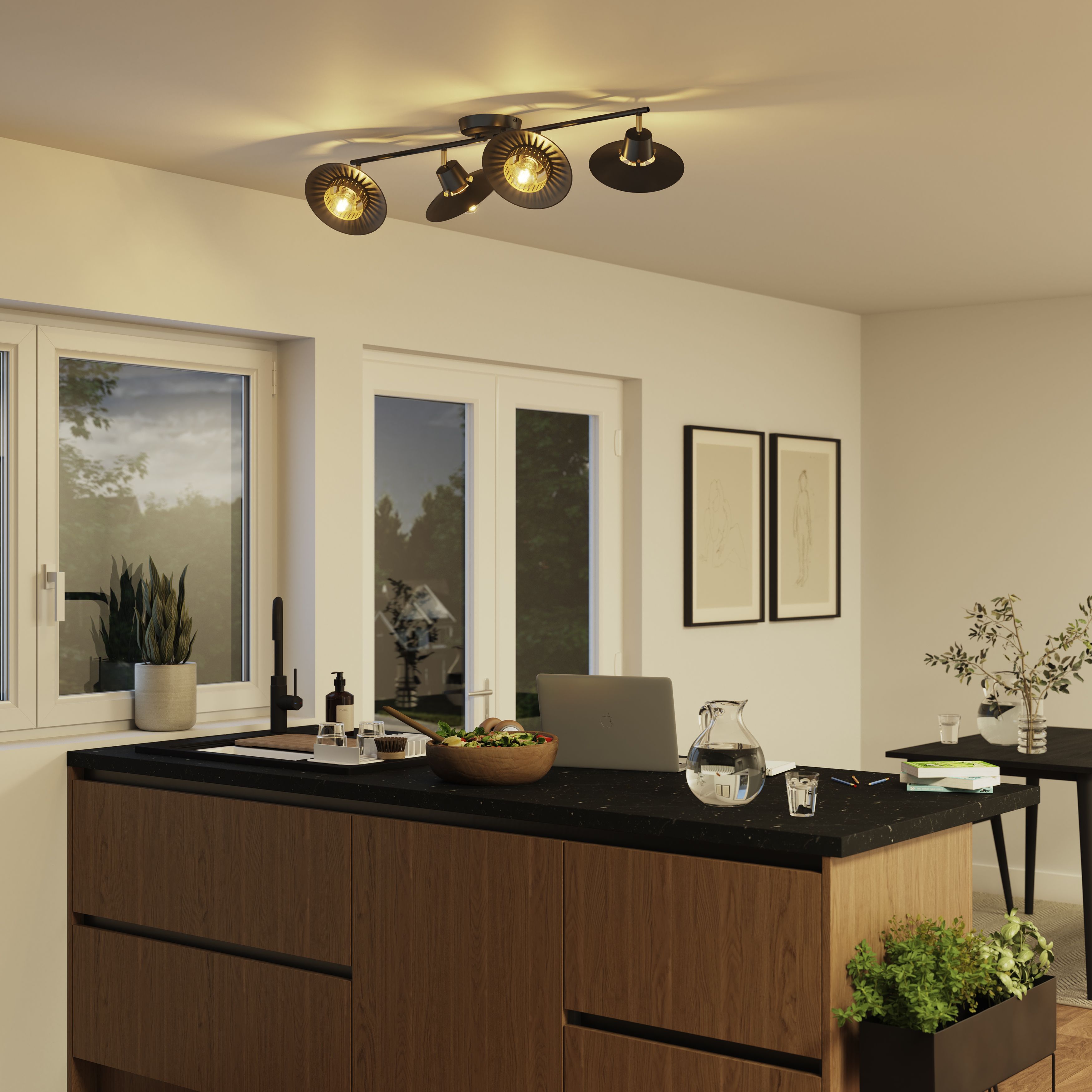 GoodHome Tube Matt Metal Black 4 Lamp LED Ceiling light