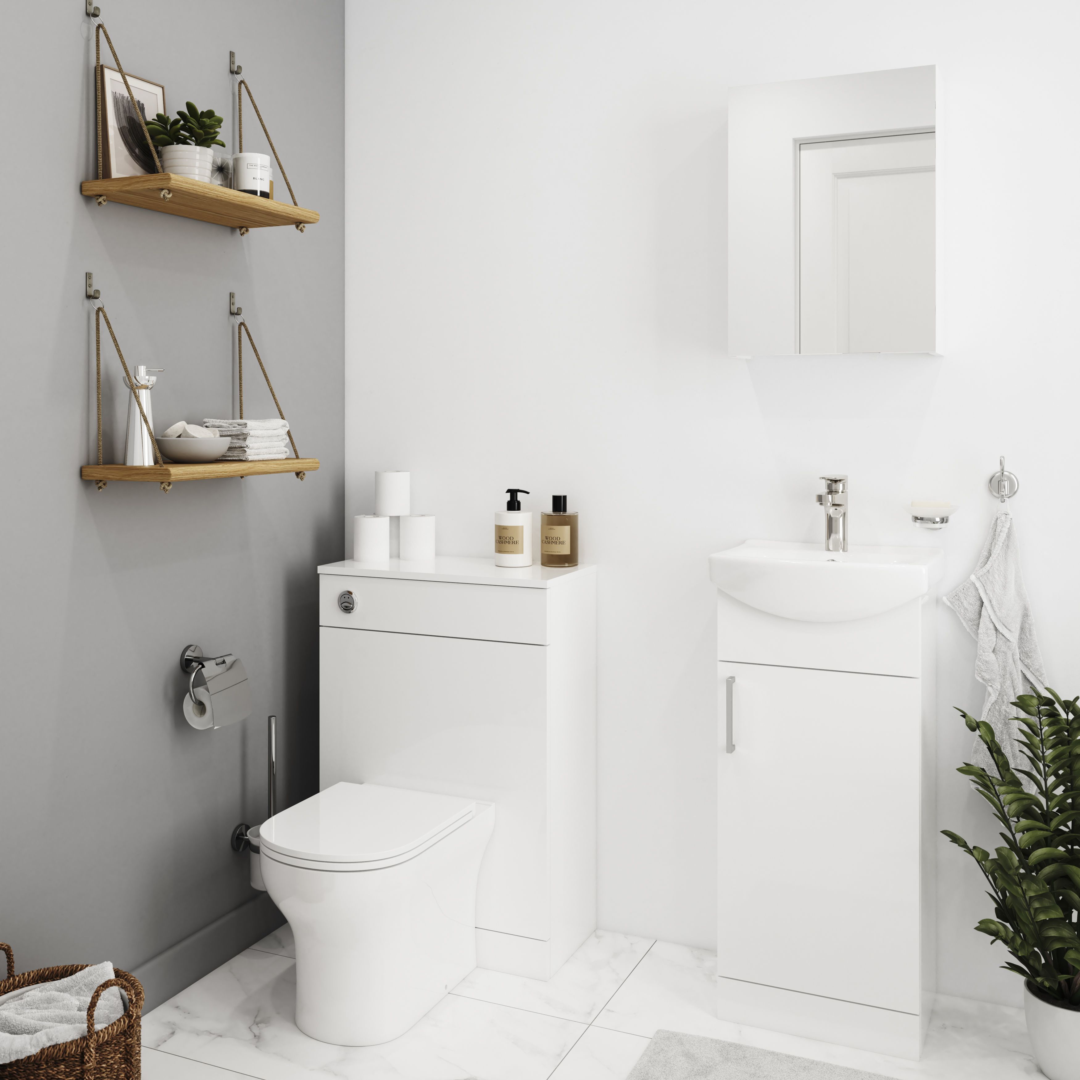 GoodHome Veleka Gloss White Freestanding Cloakroom vanity unit & basin set with Chrome effect tap - Includes 1 Door (W)400mm (H)880mm