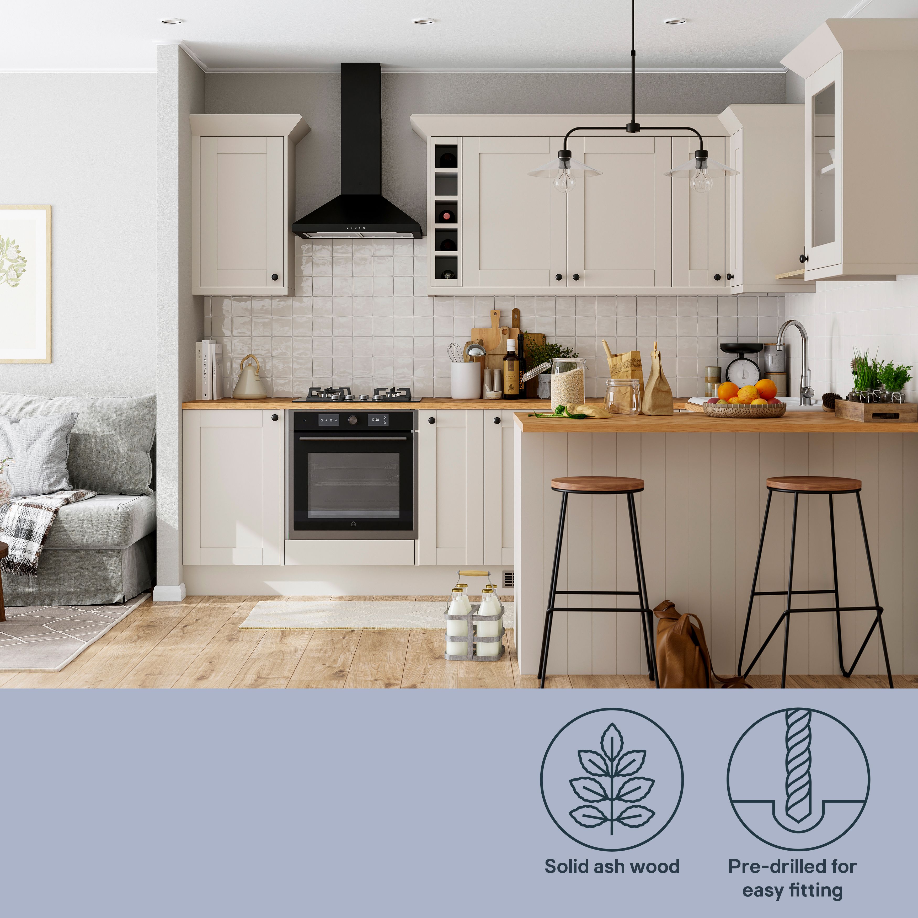 GoodHome Verbena Painted natural ash Matt cashmere Shaker 2 drawer front, bridging door & bi-fold door 1000mm